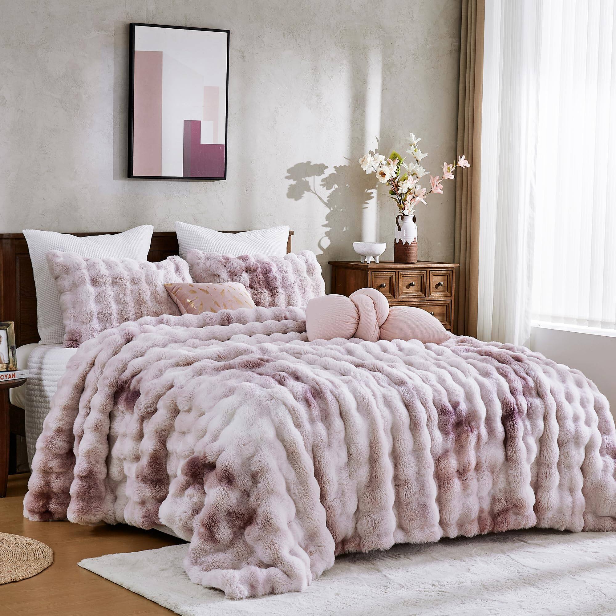 Alt View 2. Dapper Styles - Fluffy Faux Rabbit Bubble Comforter Set Tie-dyeing Plush Fuzzy Bedding Warm Soft For Winter - Tie Dye-black-Queen.