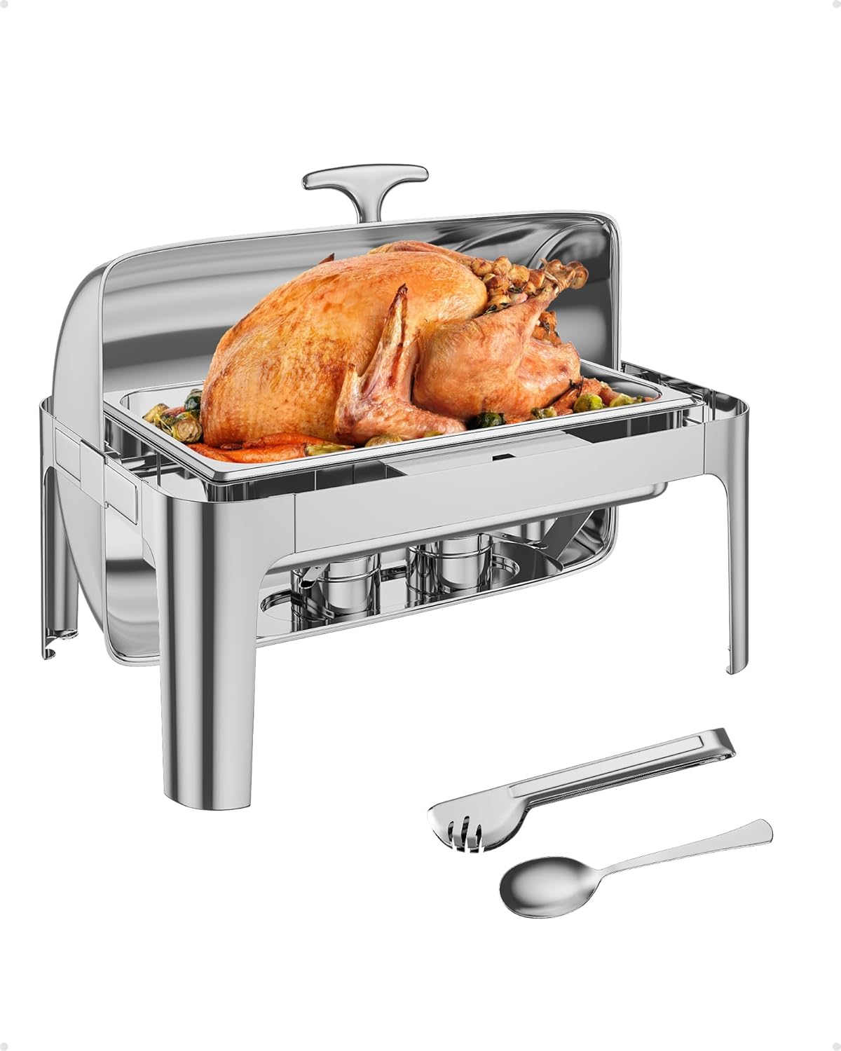 Front. Acekool - 9QT Roll Top Chafing Dish Buffet Set, Stainless Steel Commercial Chafer Server with Full Size Pan & Accessories - Silver.