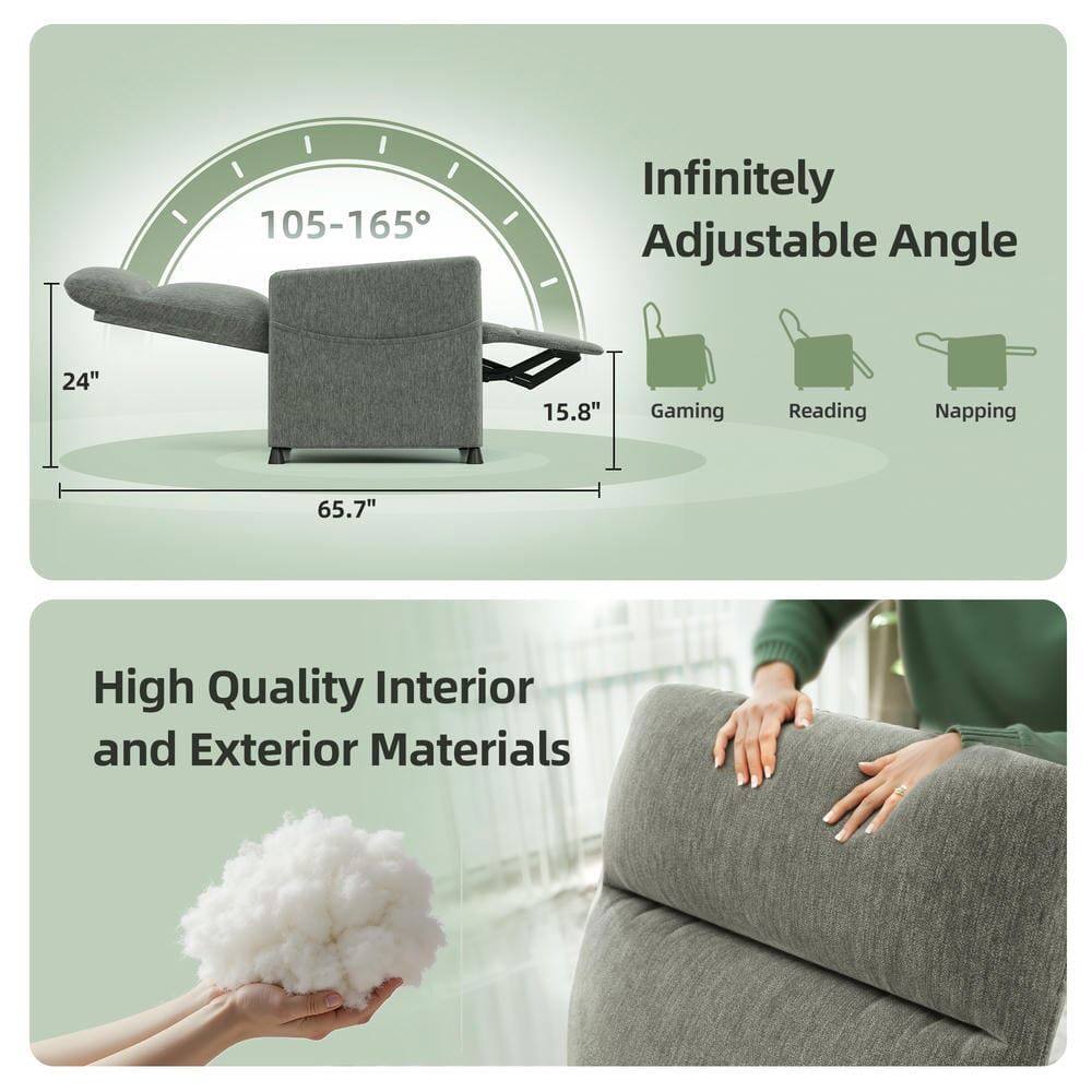 105-165° Infinitely Adjustable Angle  
24" 15.8" Gaming Reading Napping  
65.7"  
High Quality Interior and Exterior Materials