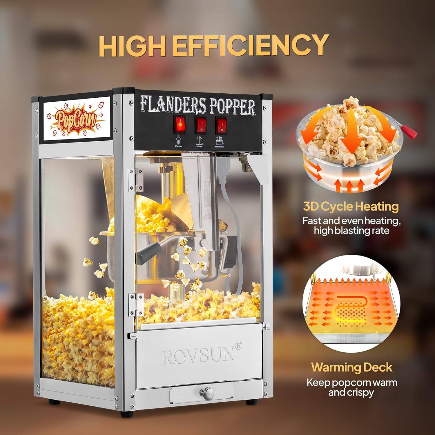HIGH EFFICIENCY

FLANDERS POPPER

3D Cycle Heating
Fast and even heating, high blasting rate

Warming Deck
Keep popcorn warm and crispy