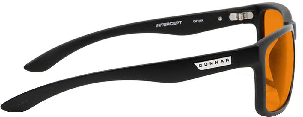 The image features a pair of black sunglasses with orange lenses, which are designed by GUNNAR. The sunglasses are positioned against a white background, making them the main focus of the image. The sunglasses are designed to provide comfort and protection from the sun, making them a popular choice for outdoor activities and sunny days.