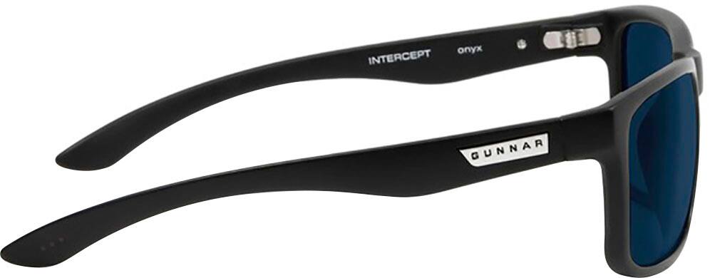 The image features a pair of black sunglasses with the brand name "Gunnar" on the front. The sunglasses are designed with a sleek and modern style, making them a popular choice for those who appreciate fashionable eyewear. The lenses are large and provide good coverage, ensuring that the wearer has a clear view of their surroundings while protecting their eyes from the sun's glare.