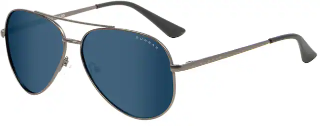 Gunnar sunglasses are designed with a sleek and modern style. They are made with high-quality materials and come in various shades, including the blue lens seen in the image. The sunglasses are lightweight and comfortable to wear, making them a popular choice for outdoor activities and fashionable accessories.