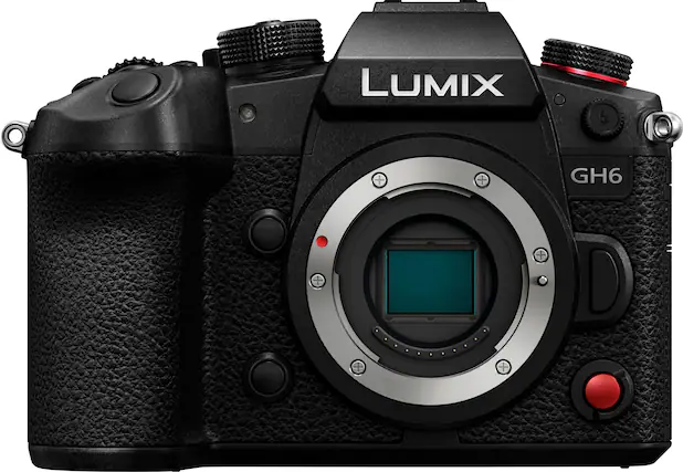 Front. Panasonic - LUMIX GH6 Mirrorless Camera Body - DC-GH6BODY - Black.