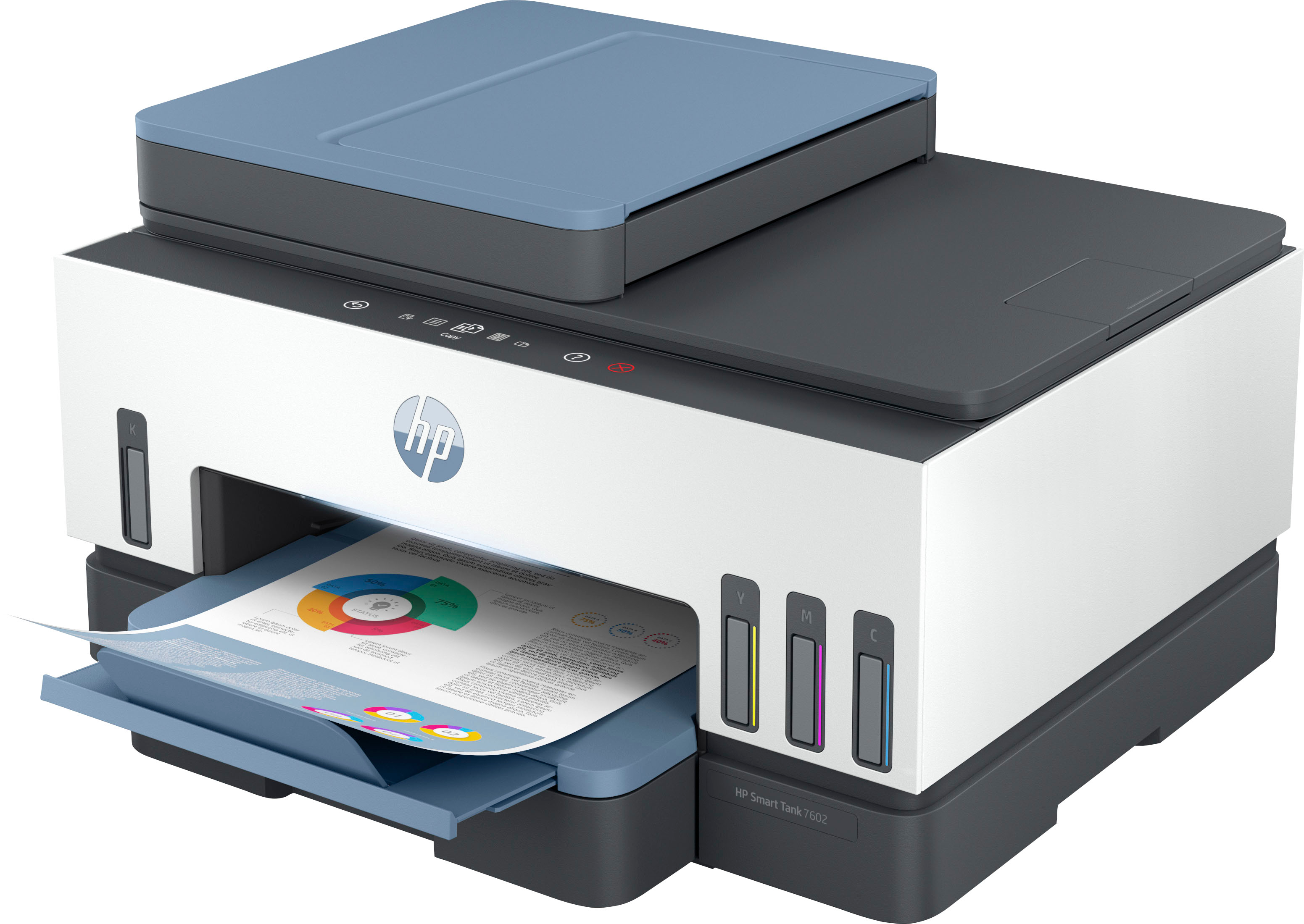 Left View: HP - Smart Tank 7602 Wireless All-In-One Supertank Inkjet Printer with up to 2 Years of Ink Included - Dark Surf Blue