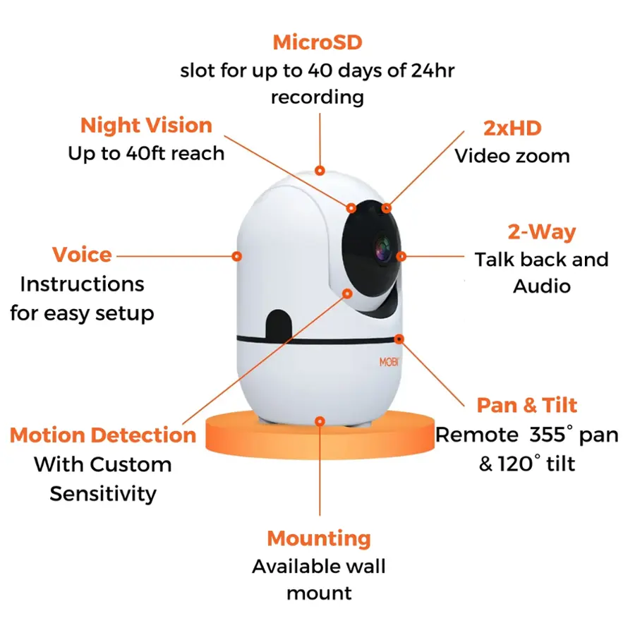 MicroSD slot for up to 40 days of 24hr recording, Night Vision, 2xHD, Up to 40ft reach, Video zoom, Voice Instructions for easy setup, 2-Way Talk back and Audio, Motion Detection, With Custom Sensitivity, Pan & Tilt, Remote 355 pan & 120 tilt, Mounting Available wall mount.