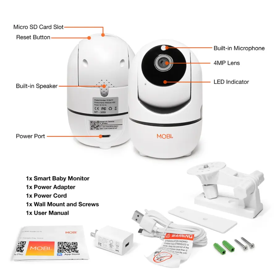 The image shows a white device with various features labeled, including a Micro SD Card Slot, Reset Button, Built-in Microphone, 4MP Lens, Built-in Speaker, LED Indicator, and Power Port. The device is a smart baby monitor, which comes with a power adapter, power cord, wall mount, and screws. The user manual is also included with the purchase. The image also warns about the potential hazards associated with the use of the device.