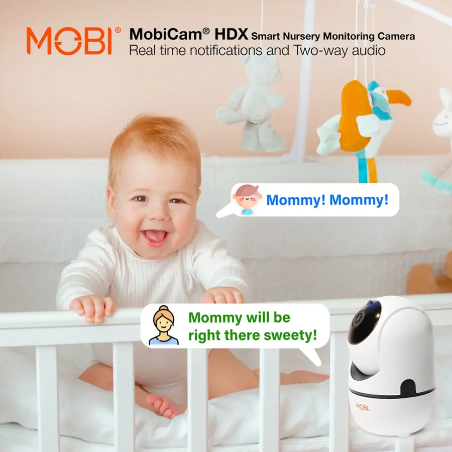 A MobiCam HDX Smart Nursery Monitoring Camera is shown in the image. It offers real-time notifications and two-way audio, allowing parents to stay connected with their baby. The camera is designed to provide peace of mind for parents, ensuring that their child is safe and well-cared for.