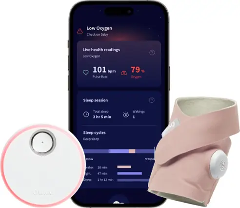 The text on the image is about a baby's health readings, including oxygen levels, pulse rate, and sleep patterns. The baby's oxygen levels are at 101 bpm, and the pulse rate is 79%. The sleep session shows a total of 2 hours and 5 minutes of sleep, with 1 hour and 12 minutes of deep sleep and 1 hour and 12 minutes of light sleep. The baby had one waking during the night, which lasted for 18 minutes. The device being used to monitor the baby's health is an Owlet, which is placed on the baby's chest.