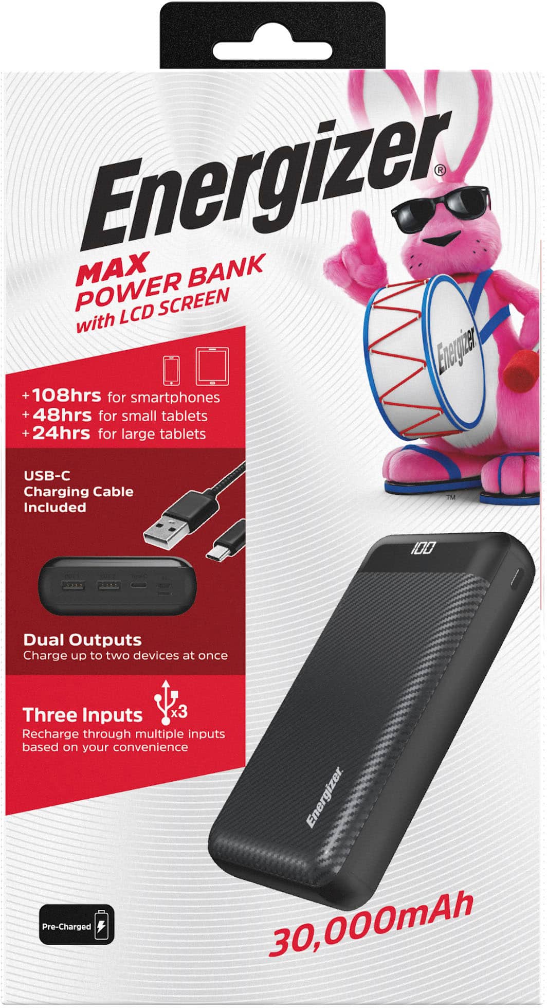 Alt View 13. Energizer - MAX 30,000mAh 15W USB-C 3-Port Universal Portable Battery Charger/Power Bank w/ LCD screen for Smartphones & Accessories - Black.