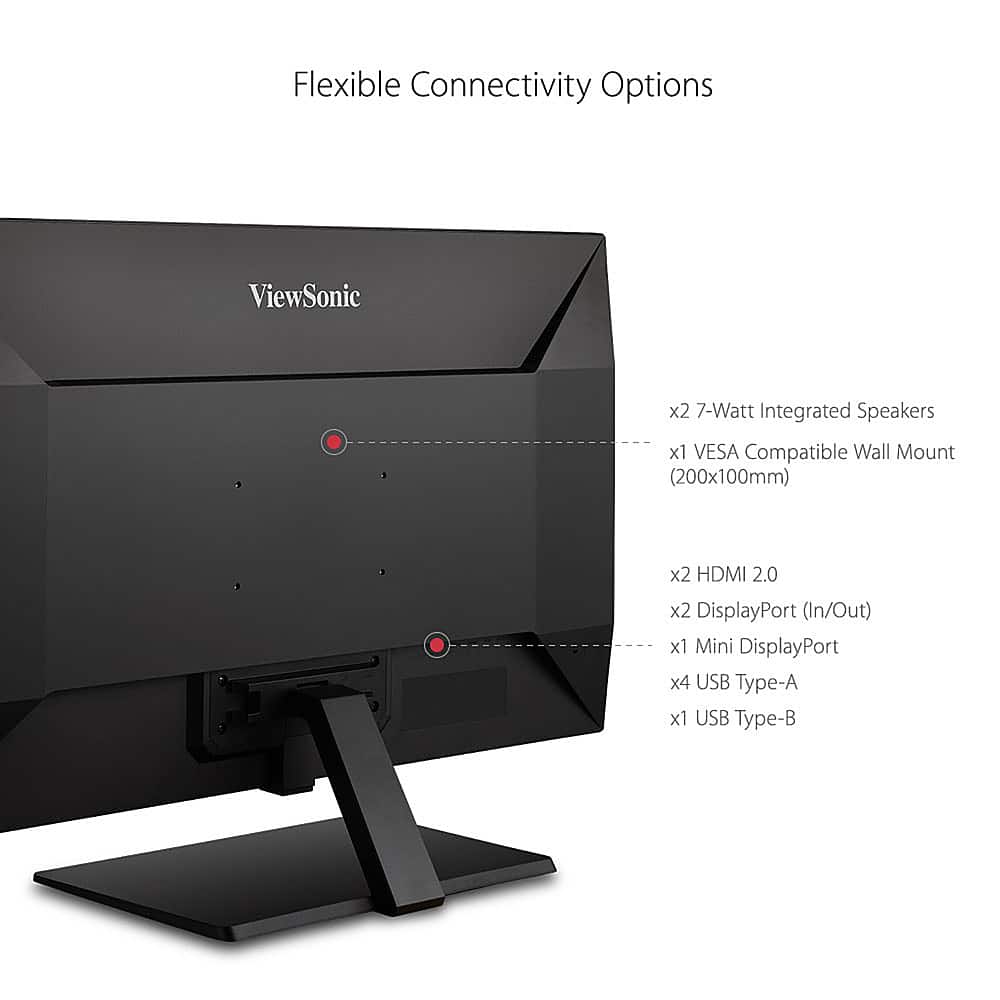 The image features a ViewSonic computer monitor with a black frame. The monitor has a VESA compatible wall mount and comes with integrated 7-watt speakers. It also has multiple connectivity options, including two HDMI 2.0 ports, two DisplayPort (In/Out) ports, one Mini DisplayPort, four USB Type-A ports, and one USB Type-B port. The monitor is designed to provide a versatile and convenient user experience.