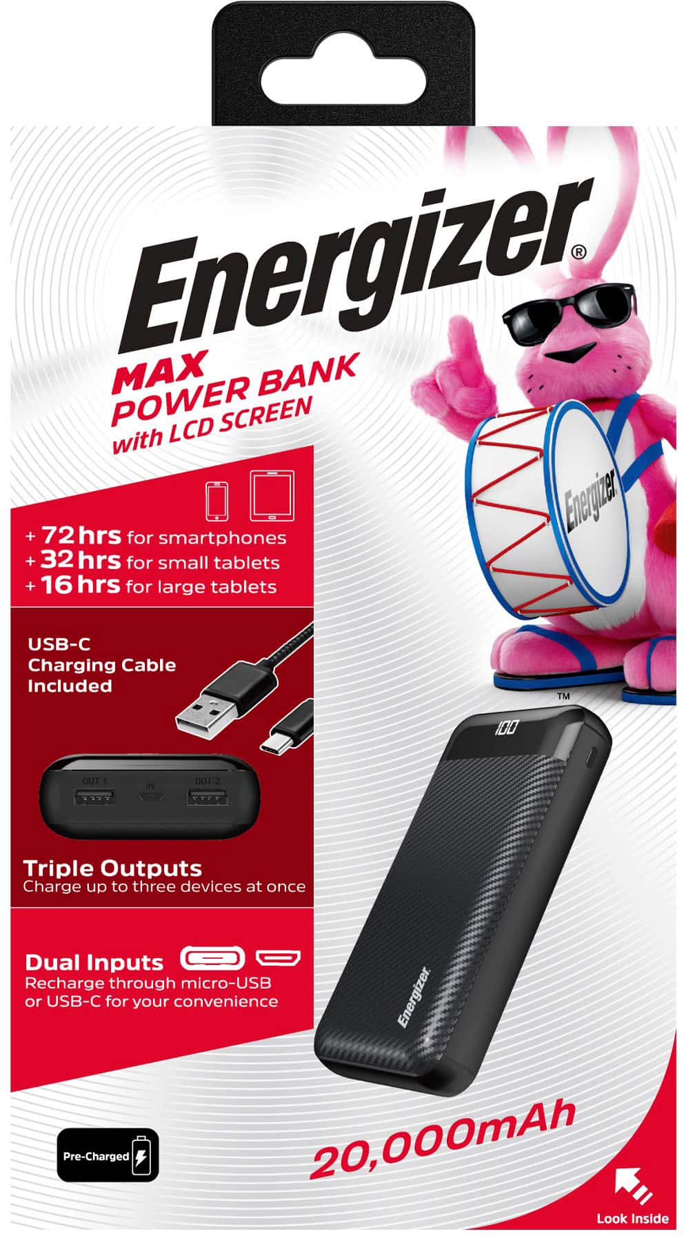 Alt View 14. Energizer - MAX 20,000mAh 15W USB-C 3-Port Universal Portable Battery Charger/Power Bank w/ LCD screen for Smartphones & Accessories - Black.