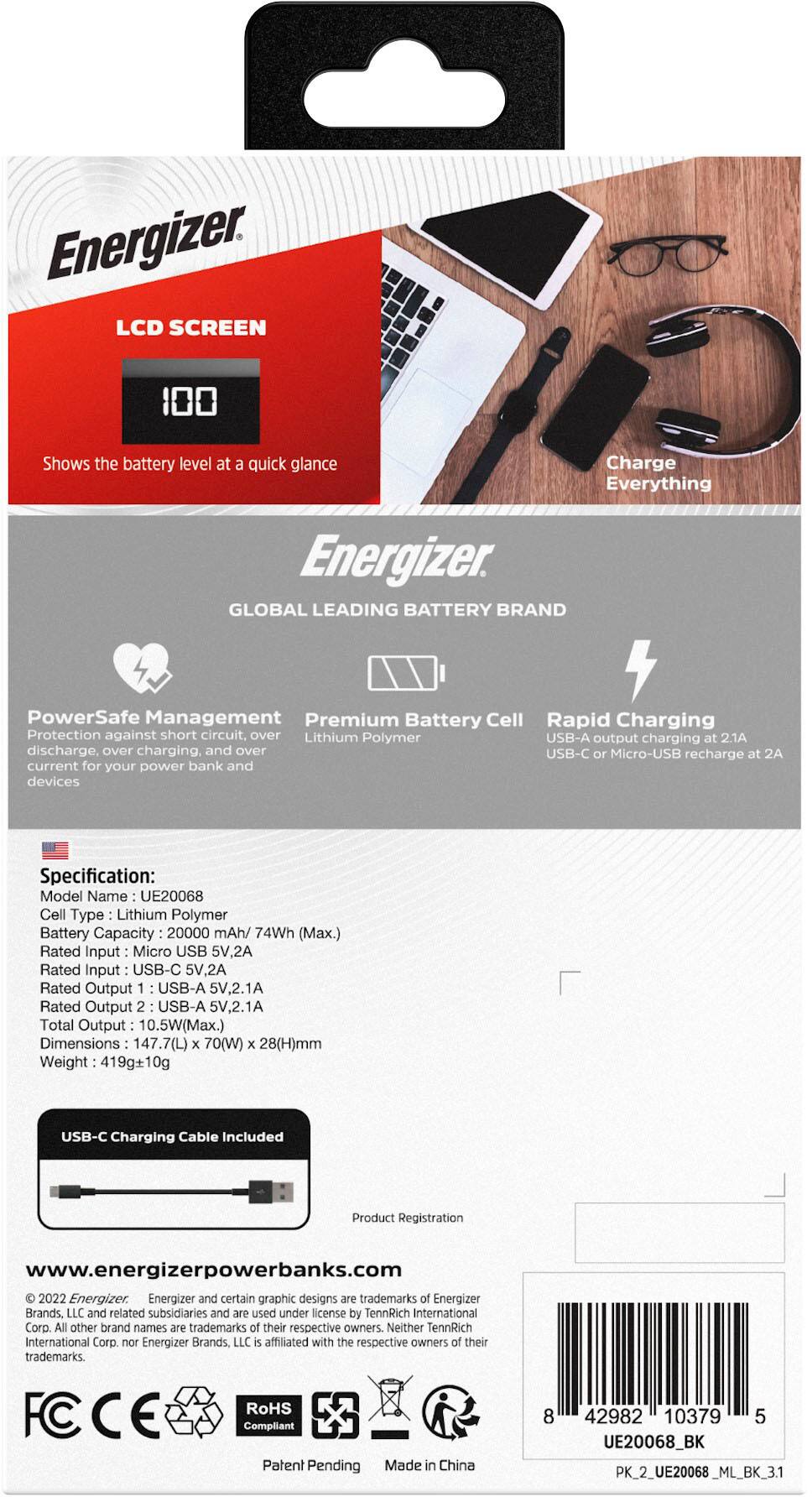 Alt View 15. Energizer - MAX 20,000mAh 15W USB-C 3-Port Universal Portable Battery Charger/Power Bank w/ LCD screen for Smartphones & Accessories - Black.