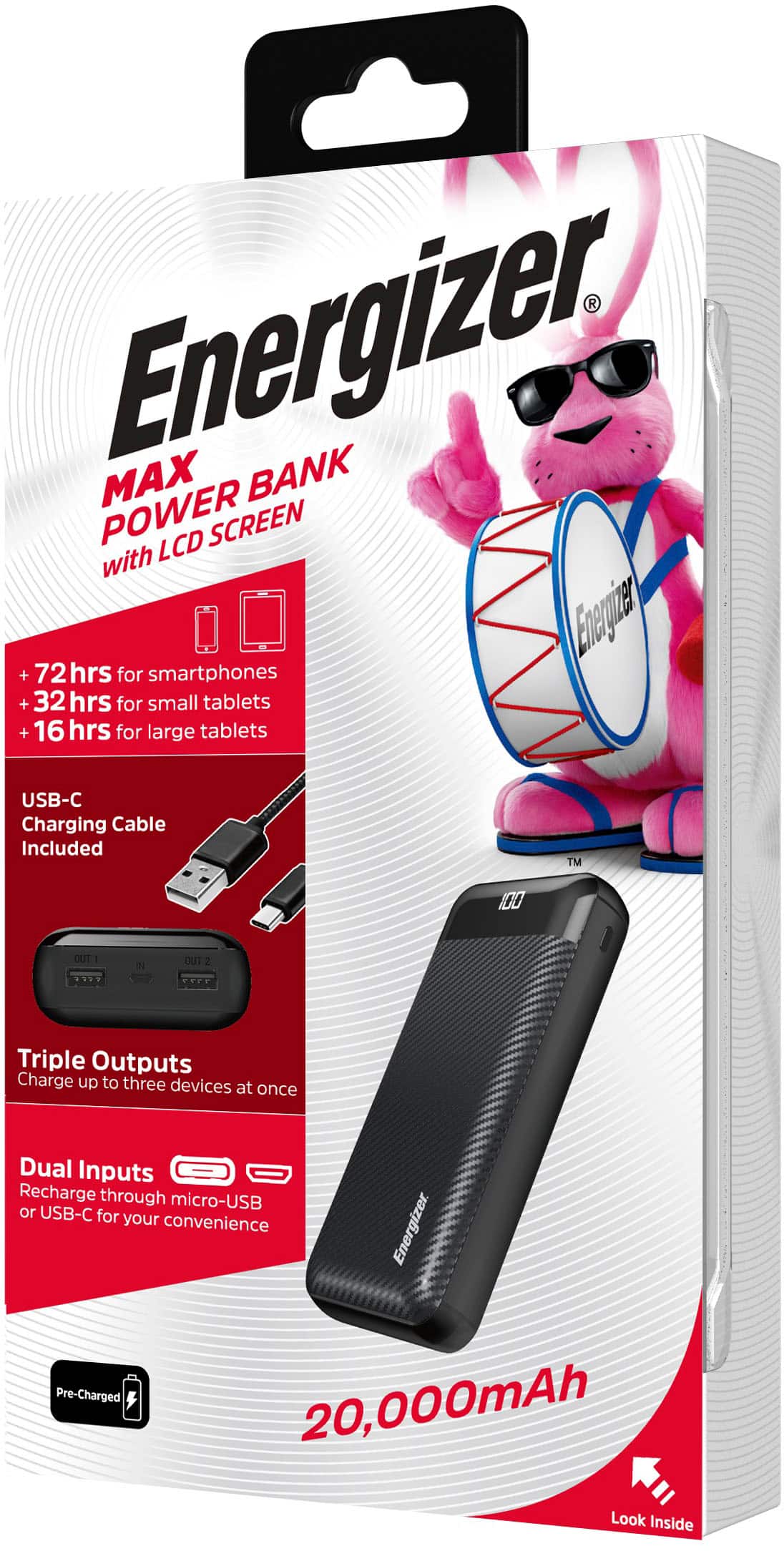 Alt View 18. Energizer - MAX 20,000mAh 15W USB-C 3-Port Universal Portable Battery Charger/Power Bank w/ LCD screen for Smartphones & Accessories - Black.