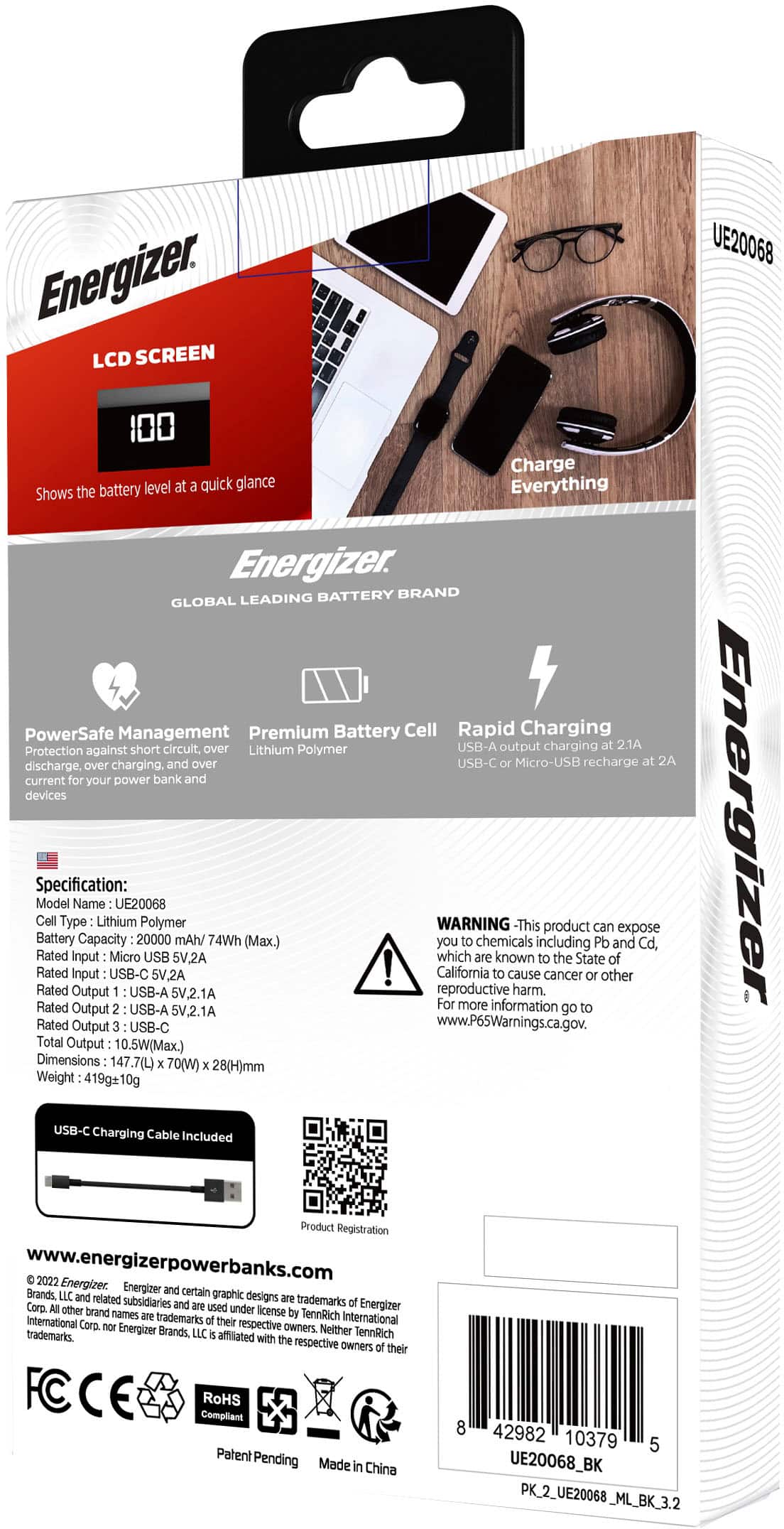 Alt View 19. Energizer - MAX 20,000mAh 15W USB-C 3-Port Universal Portable Battery Charger/Power Bank w/ LCD screen for Smartphones & Accessories - Black.