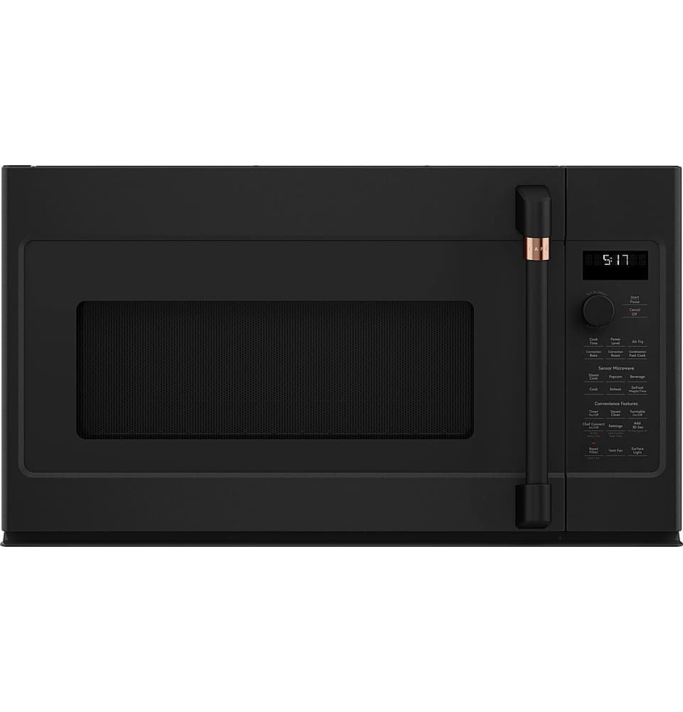 The image features a black microwave oven with a digital display. The display shows the time as 5:17.