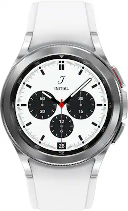 Front. Samsung - Geek Squad Certified Refurbished Galaxy Watch4 Classic Stainless Steel Smartwatch 42mm LTE - Silver.