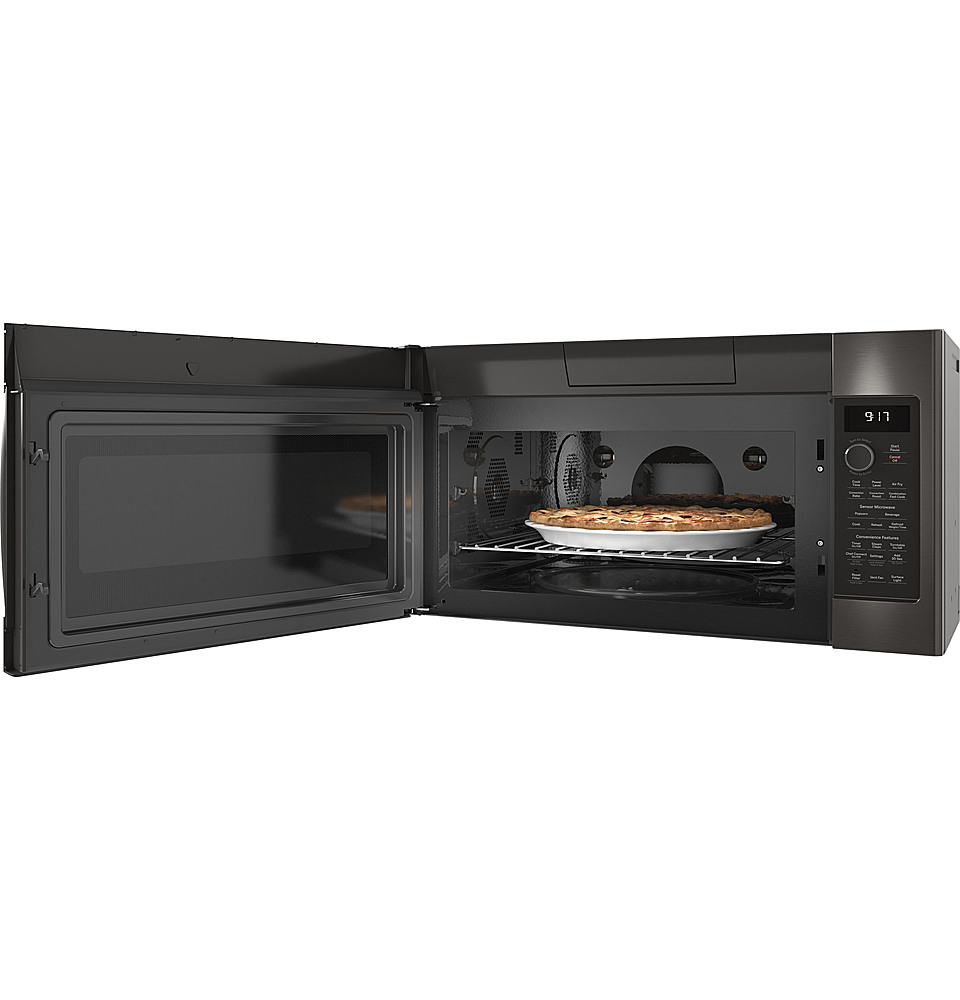 Left View: Samsung - 1.1 cu. ft. Smart SLIM Over-the-Range Microwave with 550 CFM Hood Ventilation, Wi-Fi & Voice Control - Black stainless steel