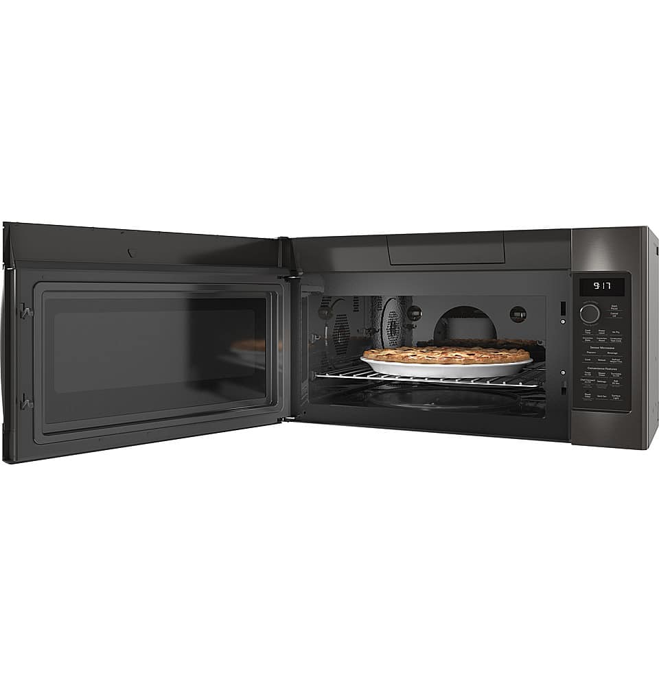 Left. GE Profile - Profile Series 1.7 Cu. Ft. Convection Over-the-Range Microwave with Sensor Cooking and Chef Connect - Black Stainless Steel.