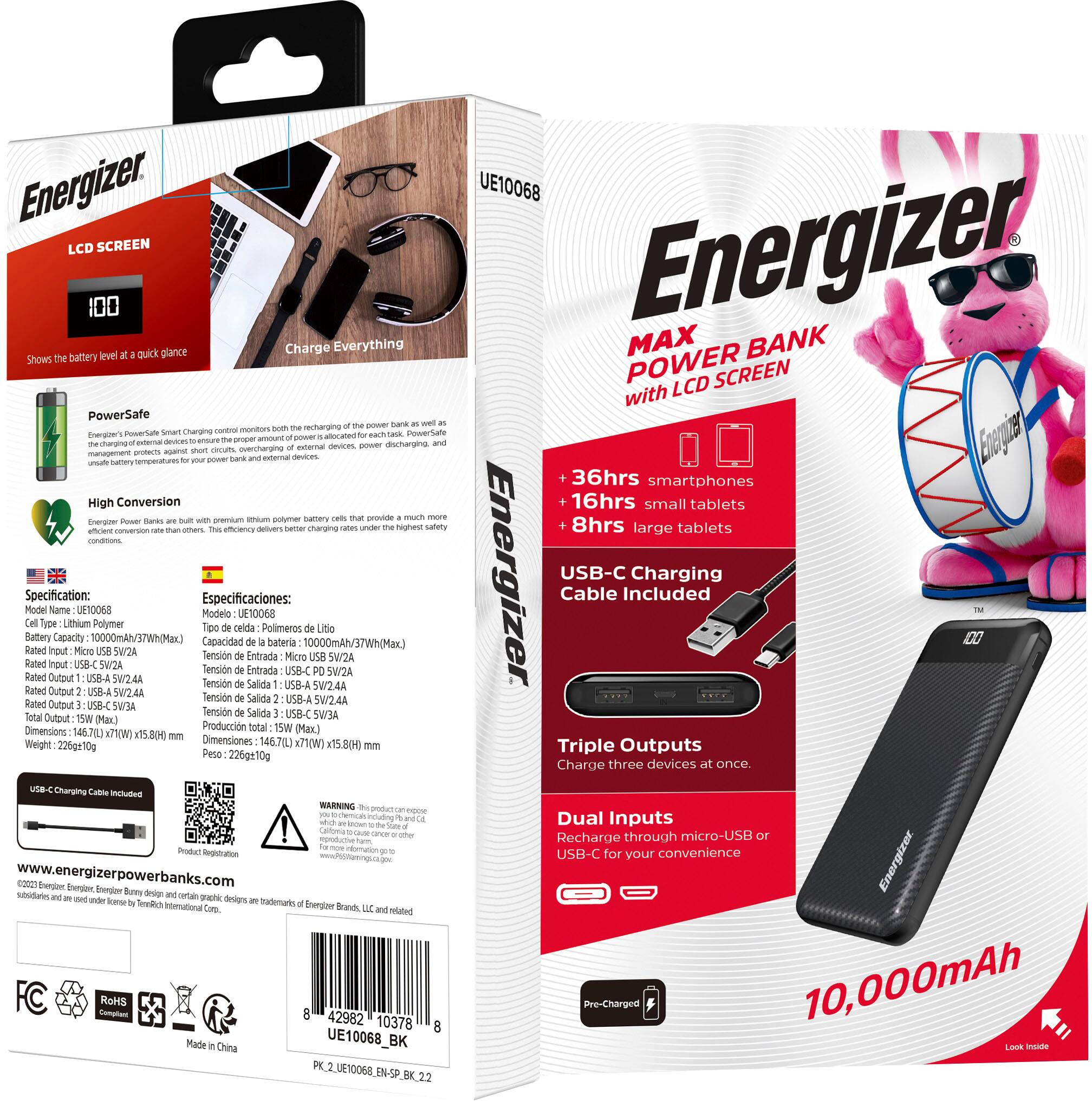 Alt View 16. Energizer - MAX 10,000mAh 15W USB-C 3-Port Universal Portable Battery Charger/Power Bank w/ LCD screen for Smartphones & Accessories - Black.
