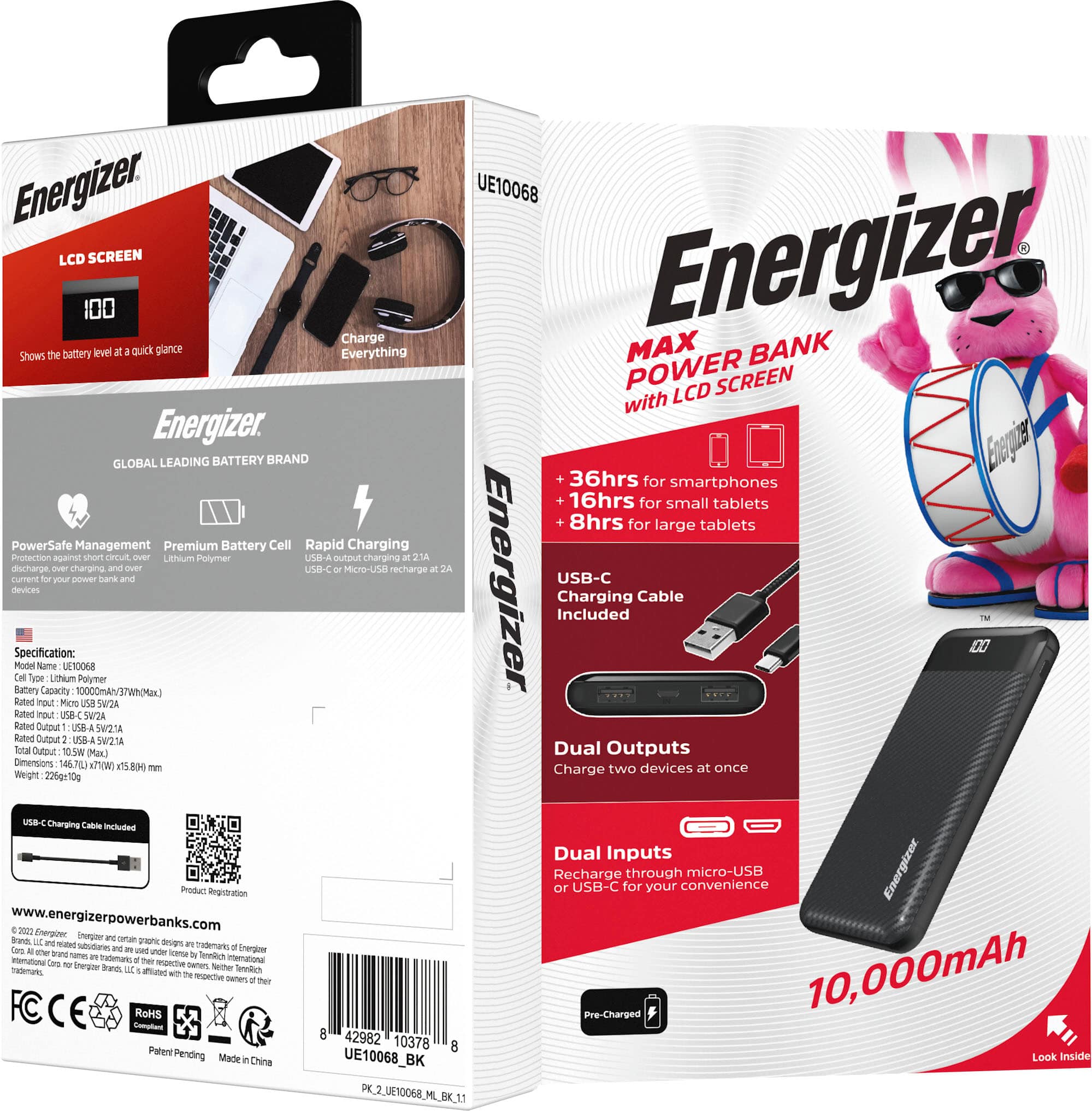 Alt View 18. Energizer - MAX 10,000mAh 15W USB-C 3-Port Universal Portable Battery Charger/Power Bank w/ LCD screen for Smartphones & Accessories - Black.