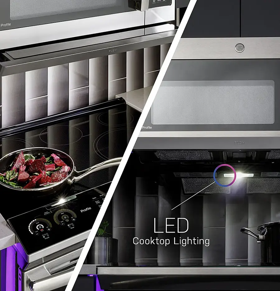 The image showcases a modern kitchen with a stainless steel stove and microwave. The stove has a pan of food on it, and there is a bowl of vegetables nearby. The microwave is positioned above the stove, and the oven is located below it. The image also features a close-up of the cooktop lighting, which is an LED light that illuminates the cooking area. The LED light is designed to provide better visibility and safety while cooking.