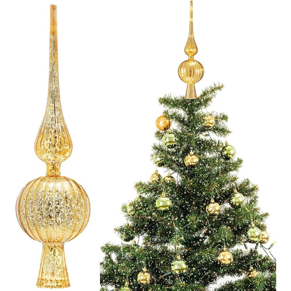 Front. PARKER SLATER - Mercury Glass Finial Tree Topper – 12" Vintage Spherical Ornament, Golden, Xmas Decor - Golden.