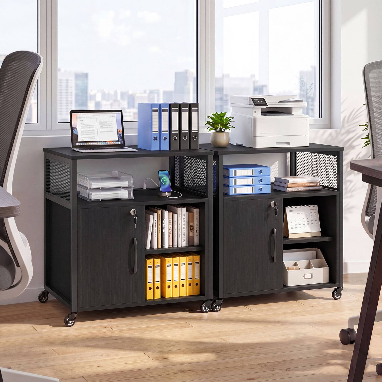 Alt View 3. Costway - Costway File Cabinet on Wheels with Charging Station & Cable Management Hole Shelves - Black.