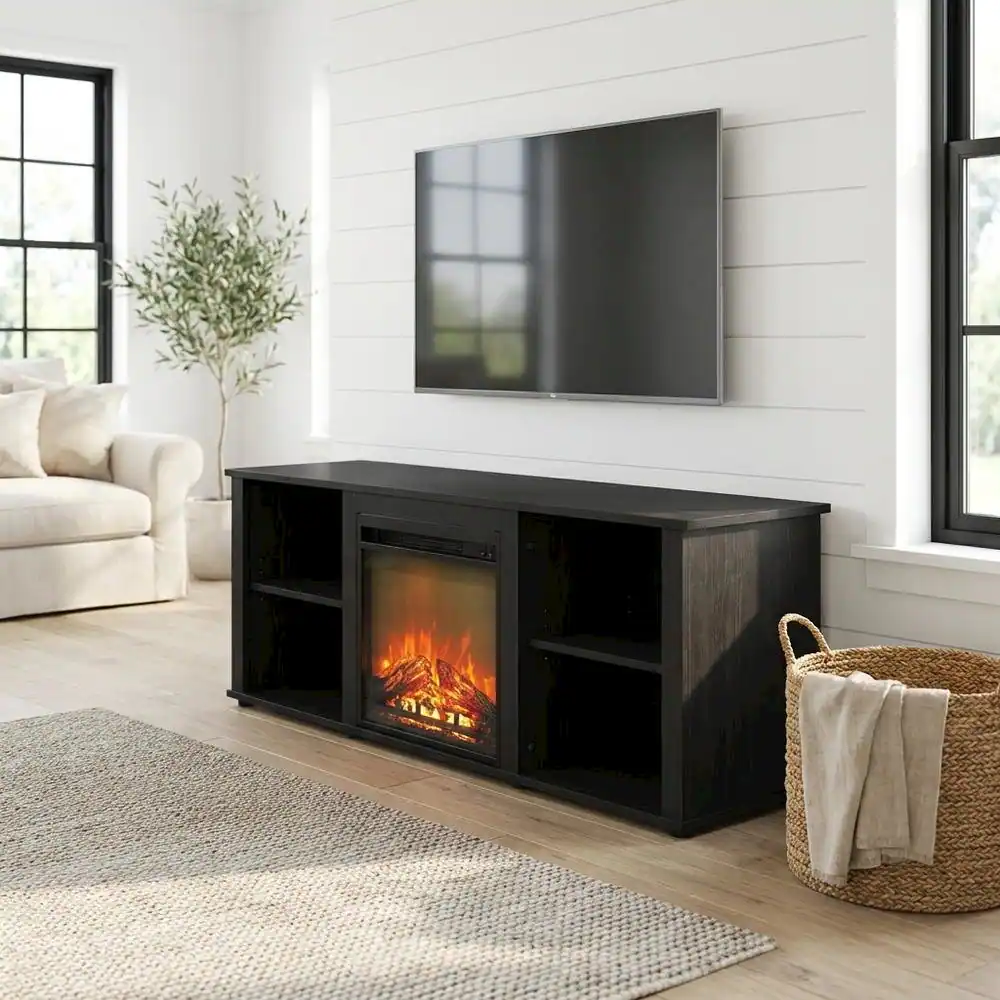 Alt View 1. FurniFact - Wood TV stand, fireplace, Americano finish, modern design, multi-functional - Black.