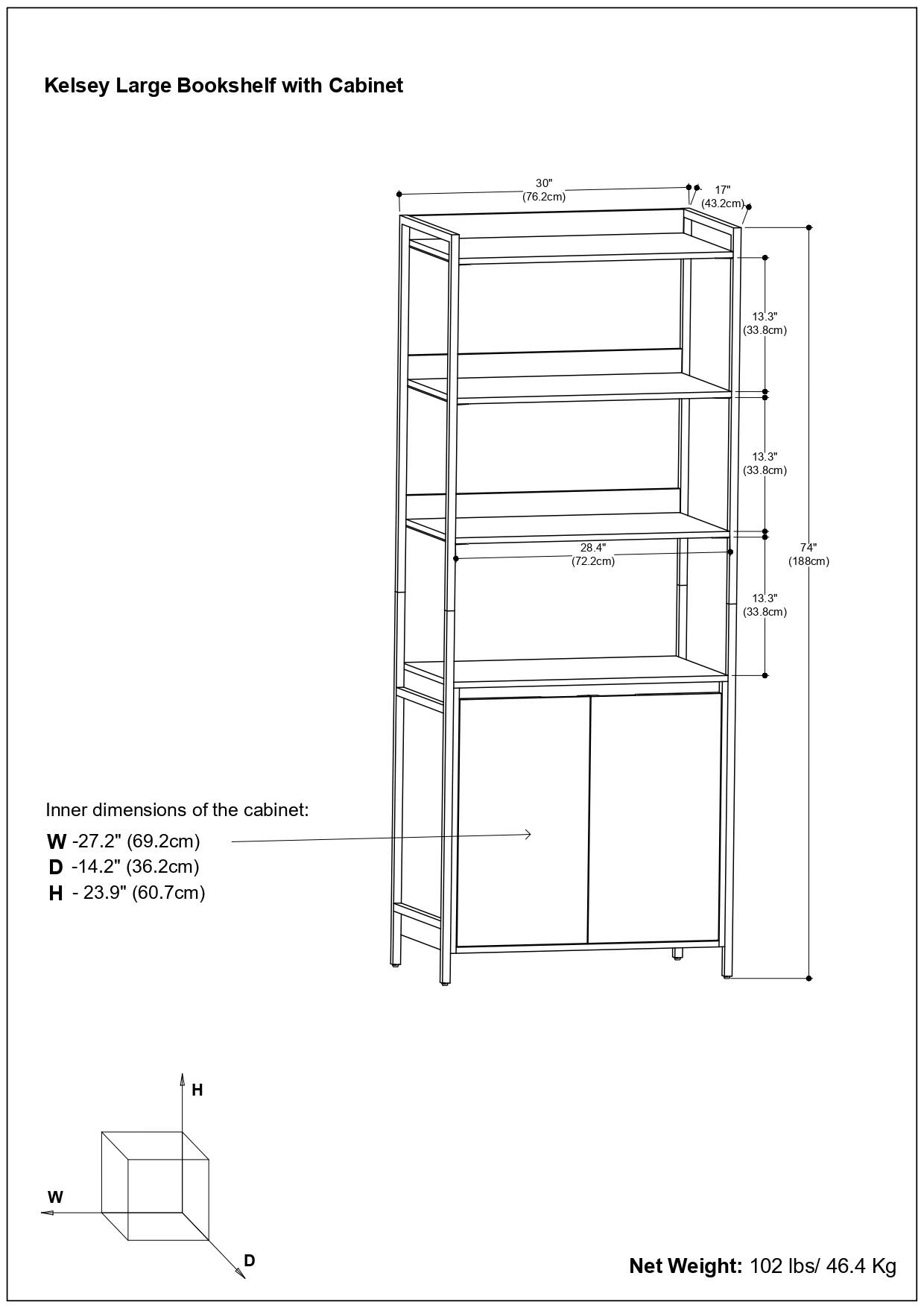 Kelsey Large Bookshelf with Cabinet

- Width: 30" (76.2cm)
- Depth: 17" (43.2cm)
- Height: 74" (188cm)
- Shelf Depth: 13.3" (33.8cm)
- Shelf Width: 28.4" (72.2cm)

Inner dimensions of the cabinet:
- Width: 27.2" (69.2cm)
- Depth: 14.2" (36.2cm)
- Height: 23.9" (60.7cm)

Net Weight: 102 lbs / 46.4 Kg