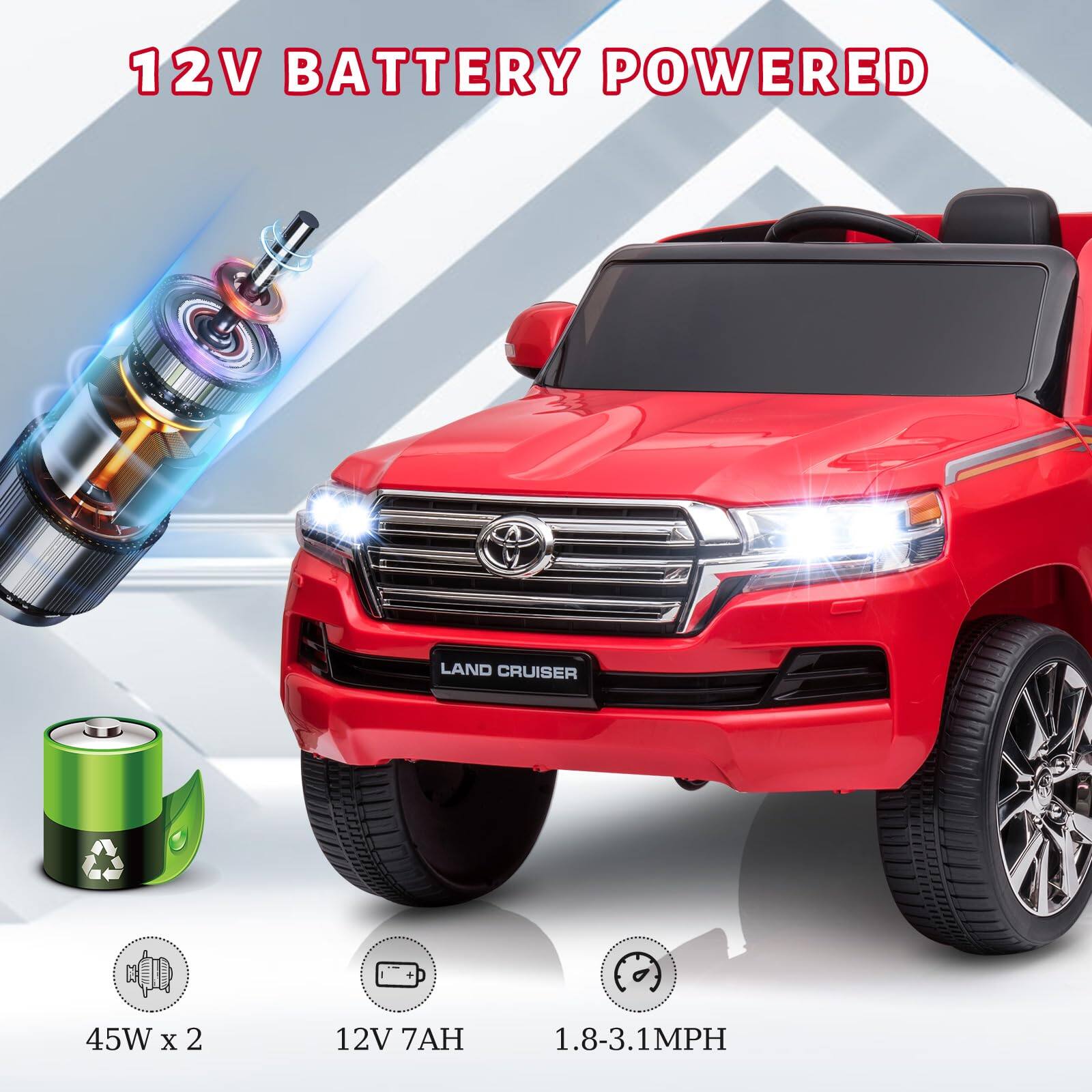 12V BATTERY POWERED LAND CRUISER  
45W x 2  
12V 7AH  
1.8-3.1MPH