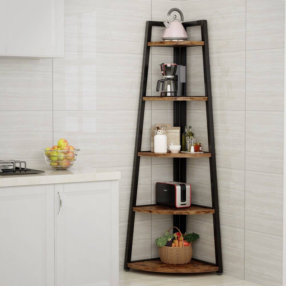 Angle. Tribesigns - Corner Bookshelf with Storage Shelves and Space-Saving Design for Living Room, Home Office and Bedroom - Brown.