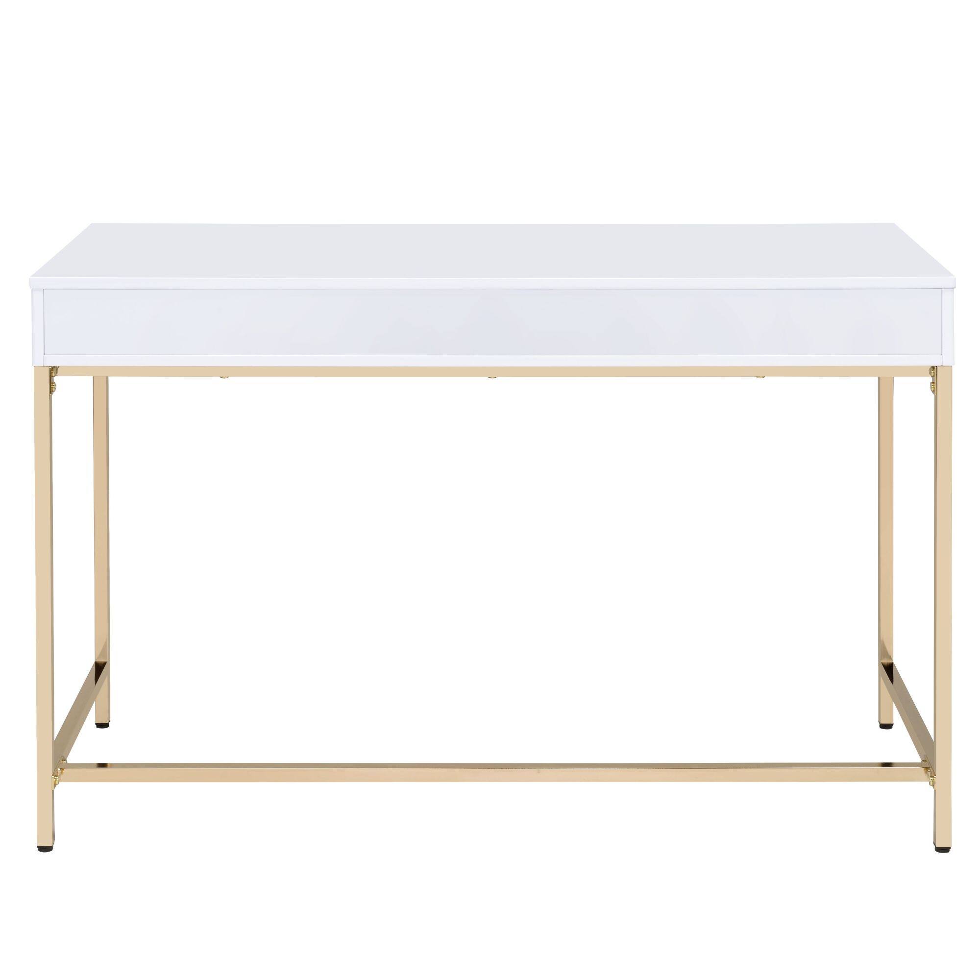 Alt View 4. GOODSILO - Contemporary High Gloss Writing Desk with Metal Base and Two Storage Drawers for Modern Office - Gloss White.