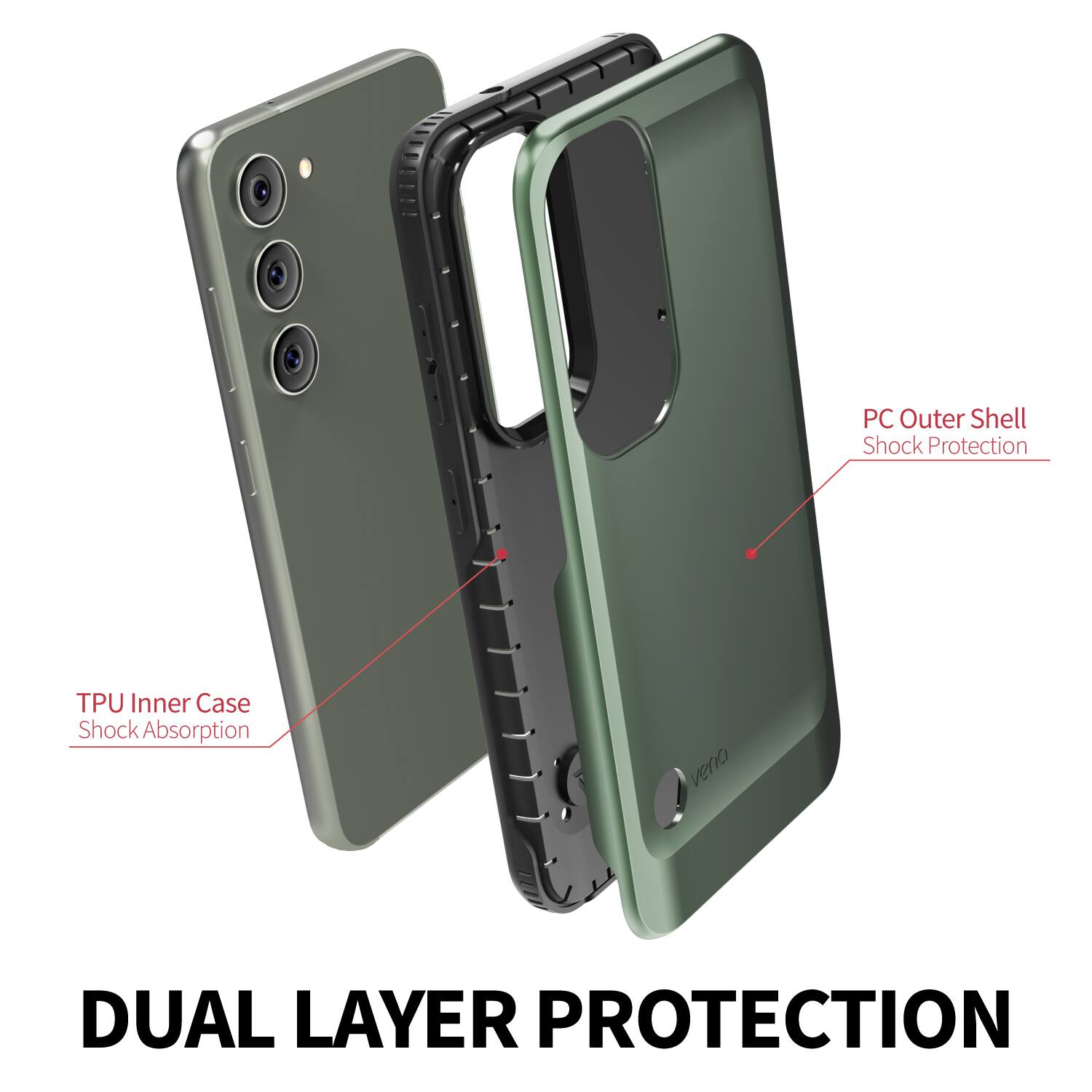 DUAL LAYER PROTECTION
PC Outer Shell Shock Protection
TPU Inner Case Shock Absorption
