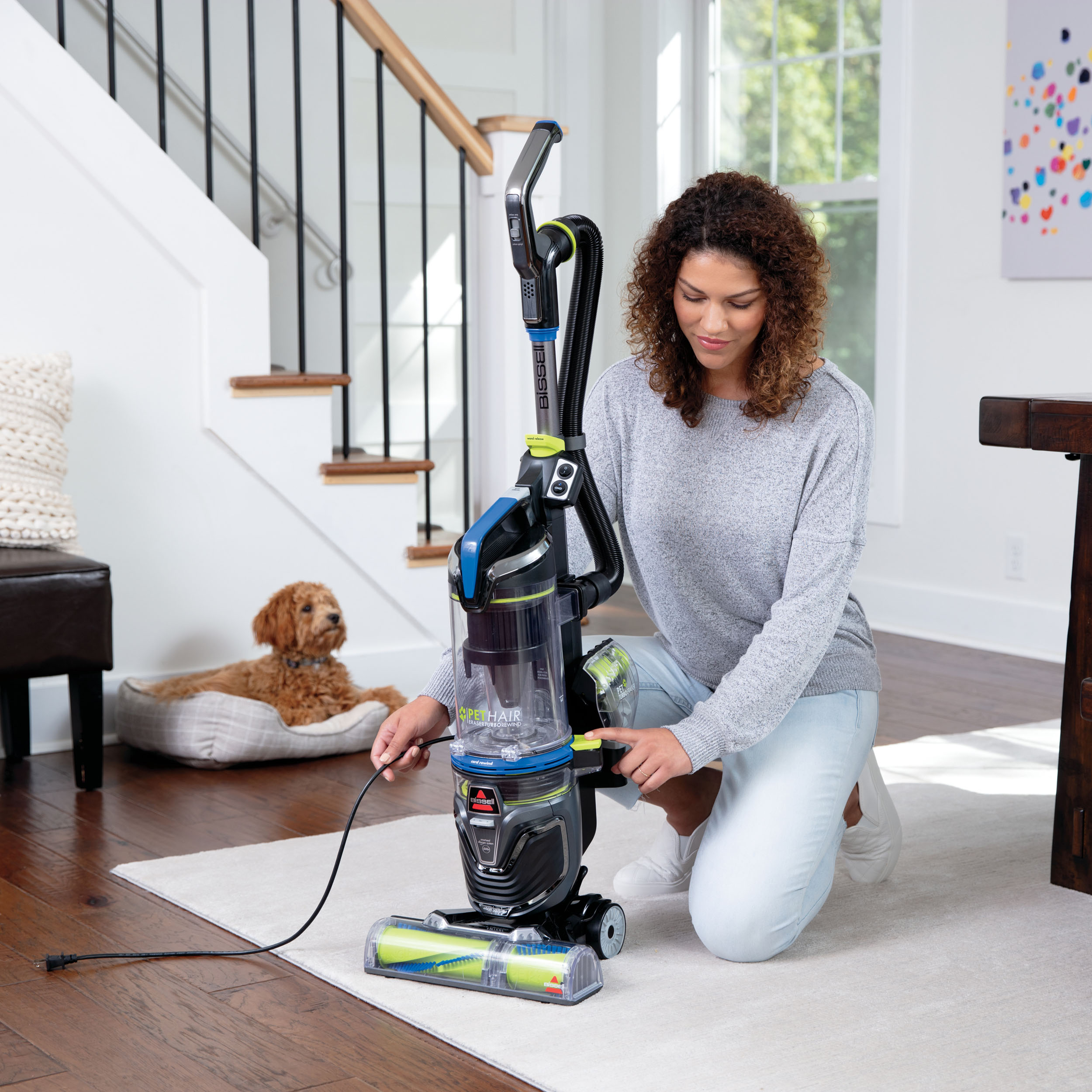 Left View: BISSELL Pet Hair Eraser Turbo Rewind Upright Vacuum - Cobalt Blue and Electric Green