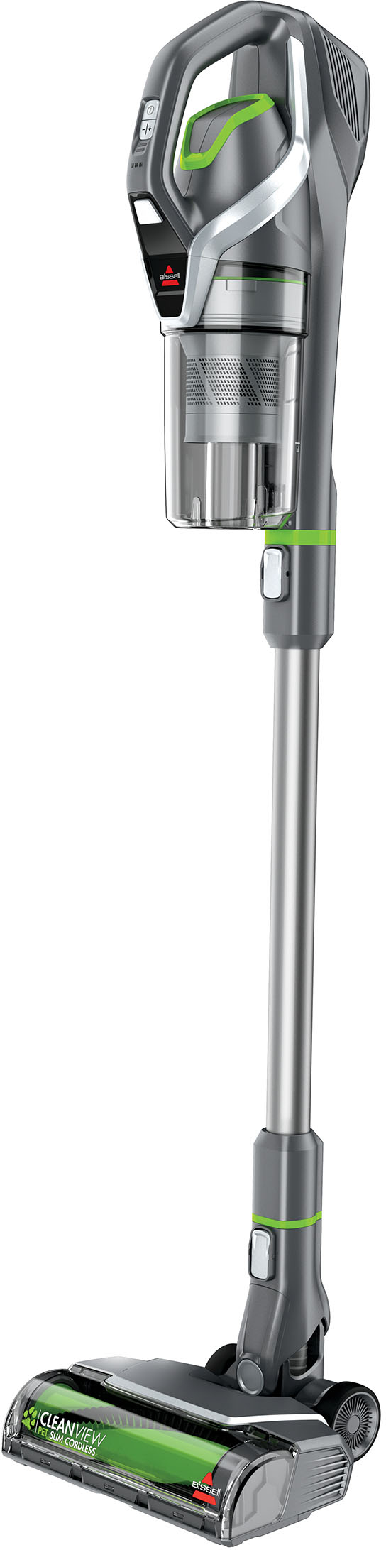 Left View: BISSELL - CleanView Pet Slim Cordless Stick Vacuum - Silver/Titanium with ChaCha Live Accents
