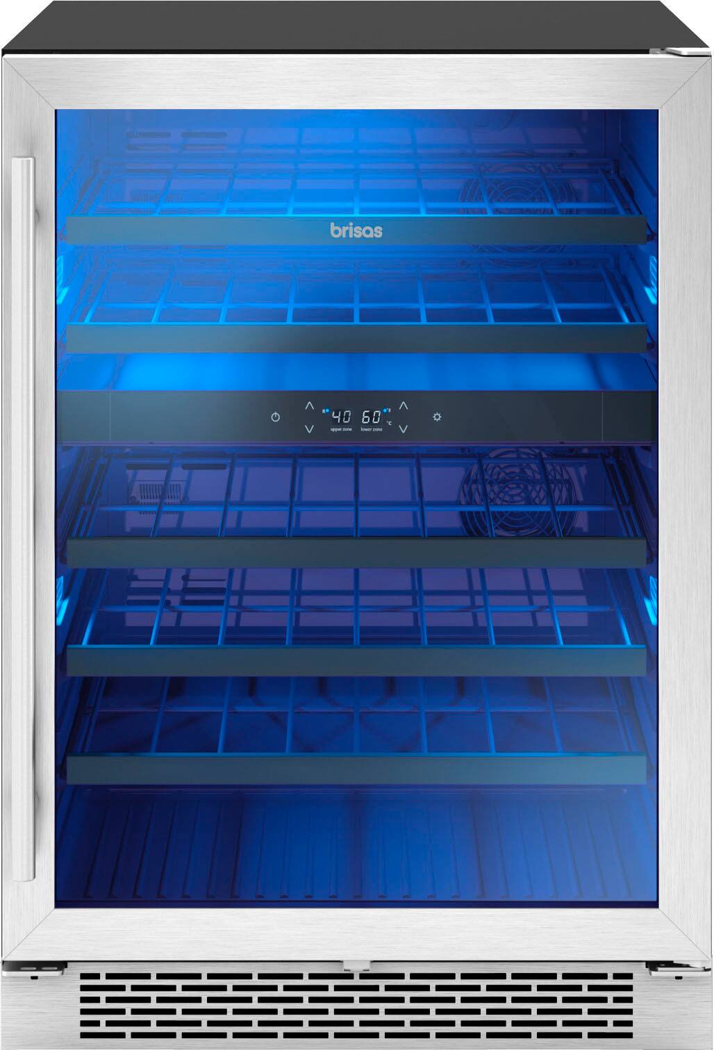 Angle. Zephyr - Brisas 46 Bottle Dual Zone Under Counter Wine Cooler - Stainless Steel + Glass.