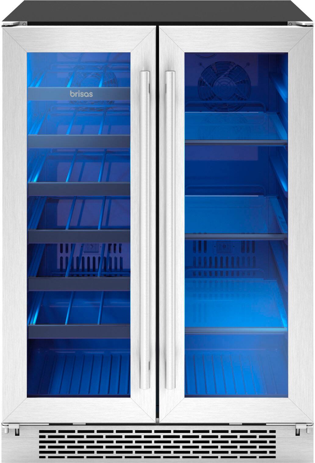 Angle. Zephyr - Brisas 24 in. 21-Bottle and 64-Can Built-In or Freestanding Dual Zone Wine and Beverage Cooler - Stainless Steel + Glass.