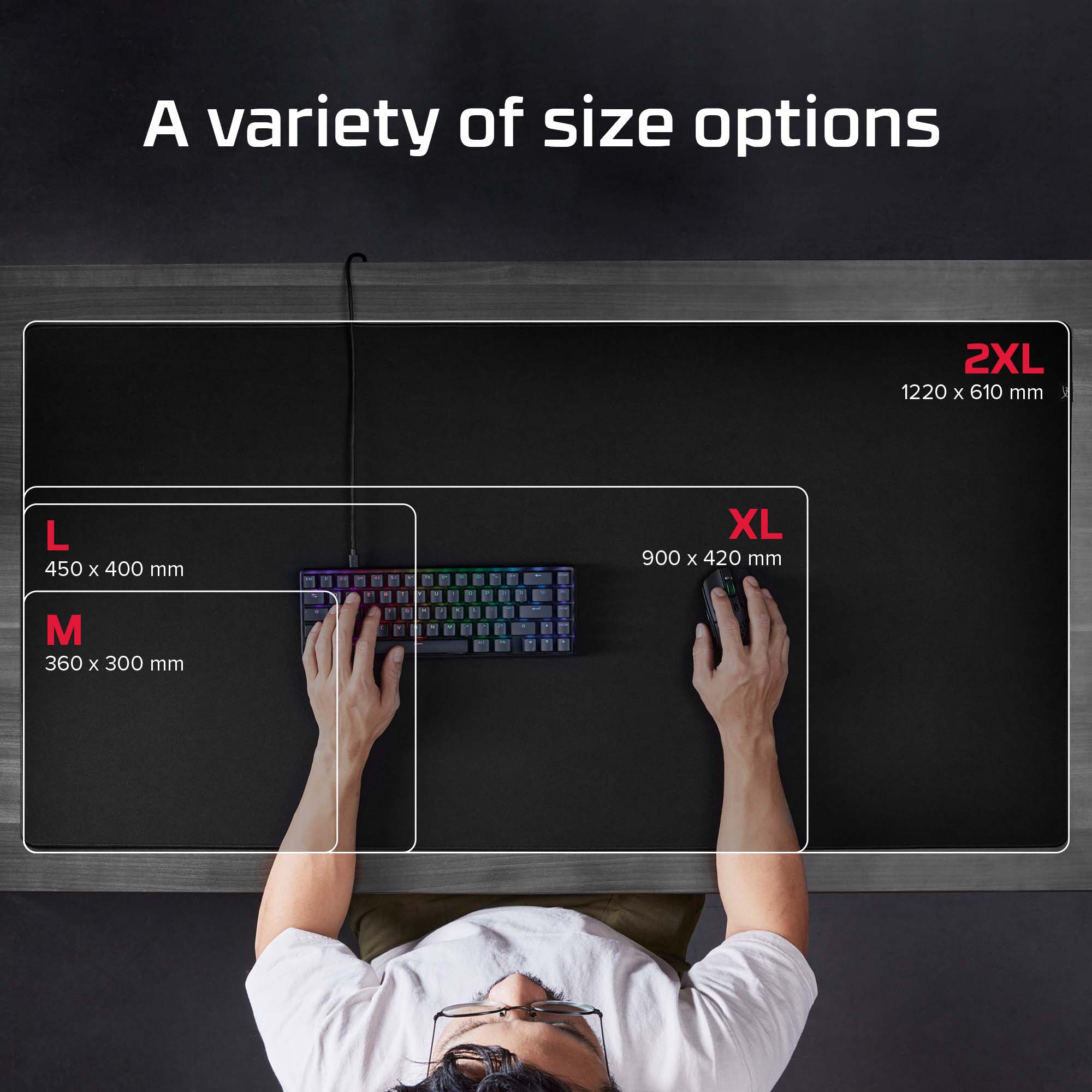 A variety of size options are available: 2XL (1220 x 610 mm), L (450 x 400 mm), XL (900 x 420 mm), and M (360 x 300 mm).