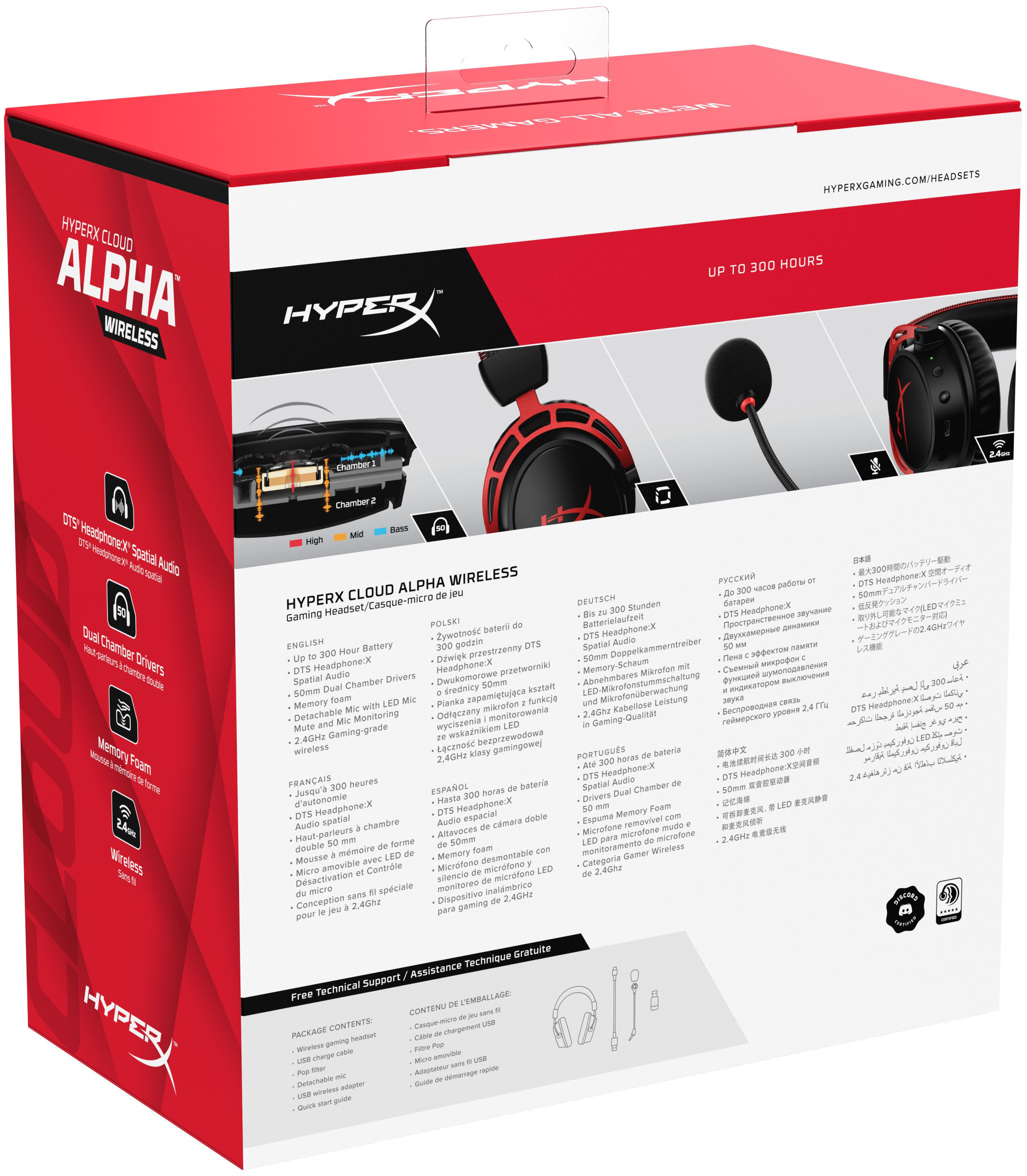 Gaming Headset for PC DTS Headphone:X Spatial Audio Memory foam HyperX Cloud Alpha Wireless Noise-canceling mic Durable aluminum frame Dual Chamber Drivers 300-hour battery life 