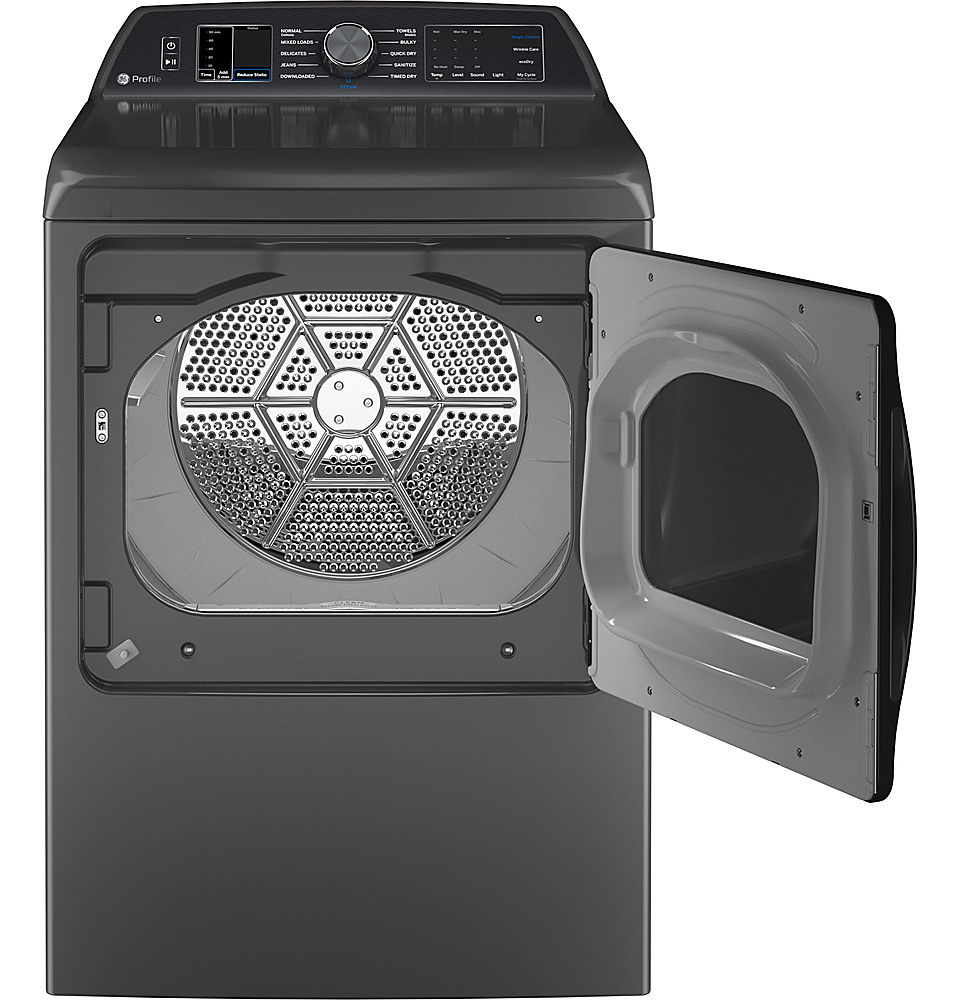 Angle View: GE Profile - 7.4 cu. ft. Smart Electric Dryer with Sanitize Cycle and Sensor Dry - Diamond Gray