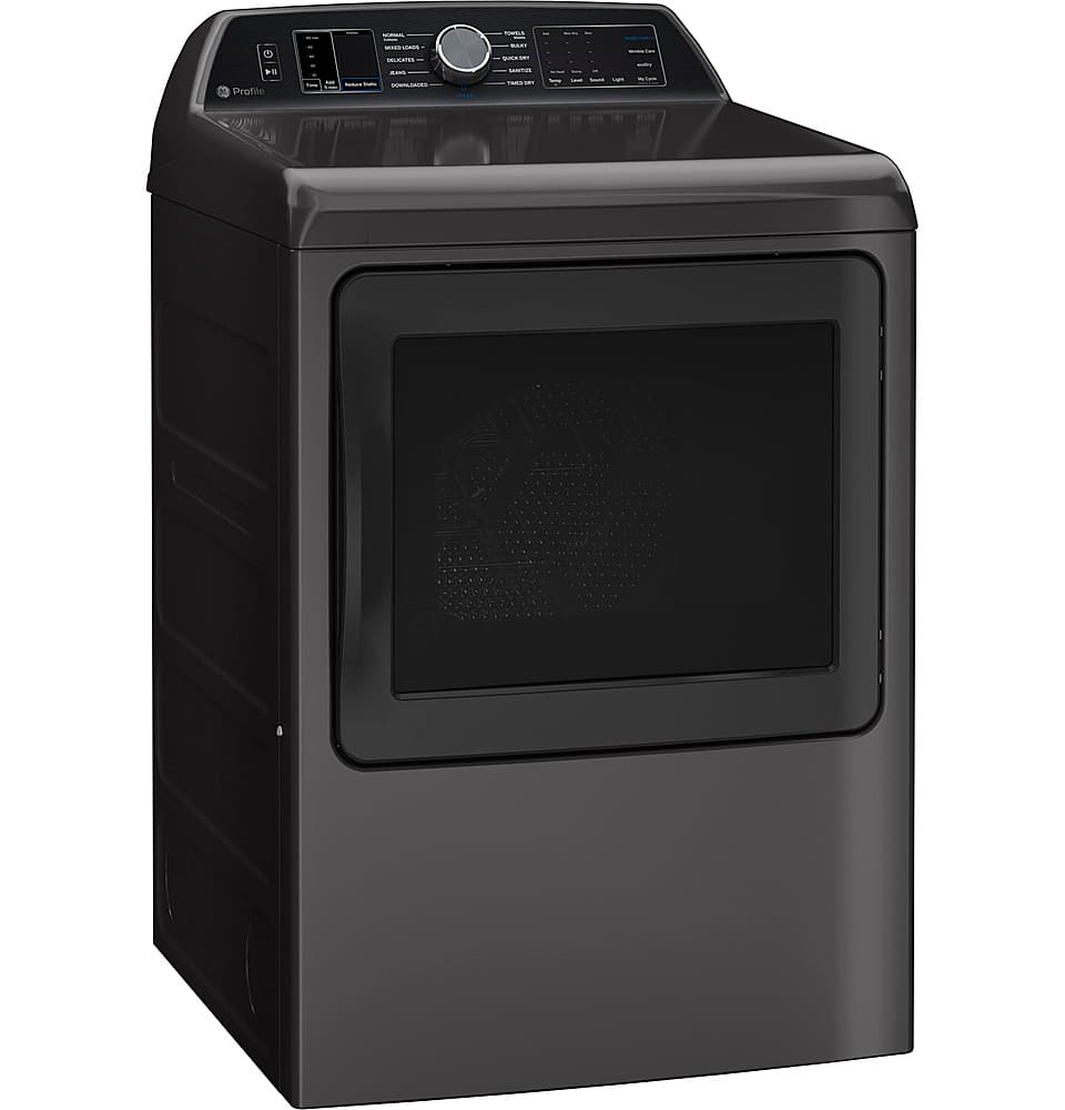 Left. GE Profile - 7.4 cu. ft. Smart Gas Dryer with Sanitize Cycle and Sensor Dry - Diamond Gray.