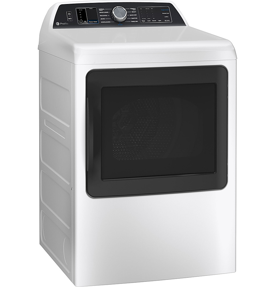 Left View: GE - 3.8 Cu. Ft. Top Load Washer and 5.9 Cu. Ft. Electric Dryer Laundry Center - White
