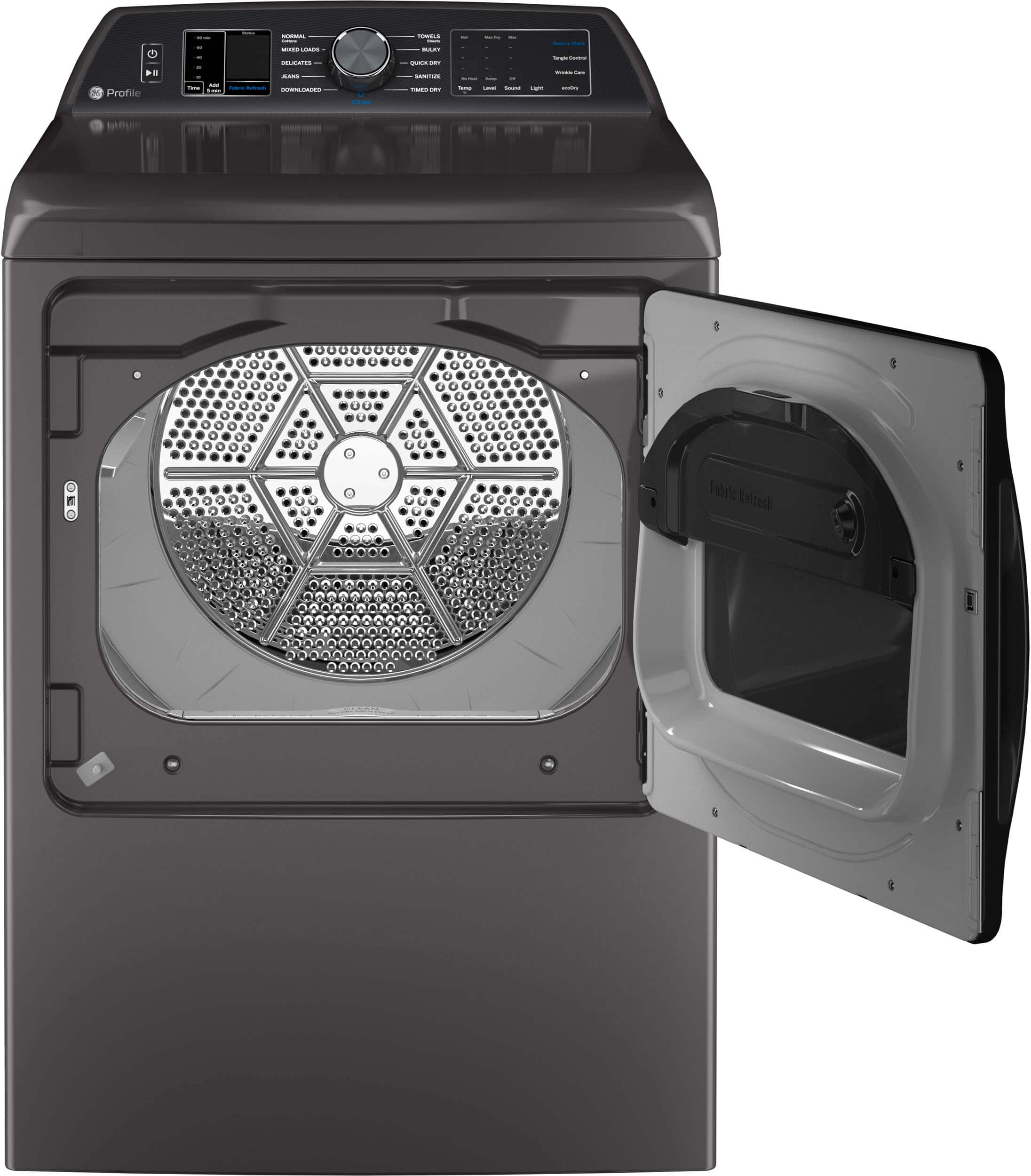 Angle. GE Profile - 7.3 cu. ft. Smart Electric Dryer with Fabric Refresh, Steam, and Washer Link - Gray.