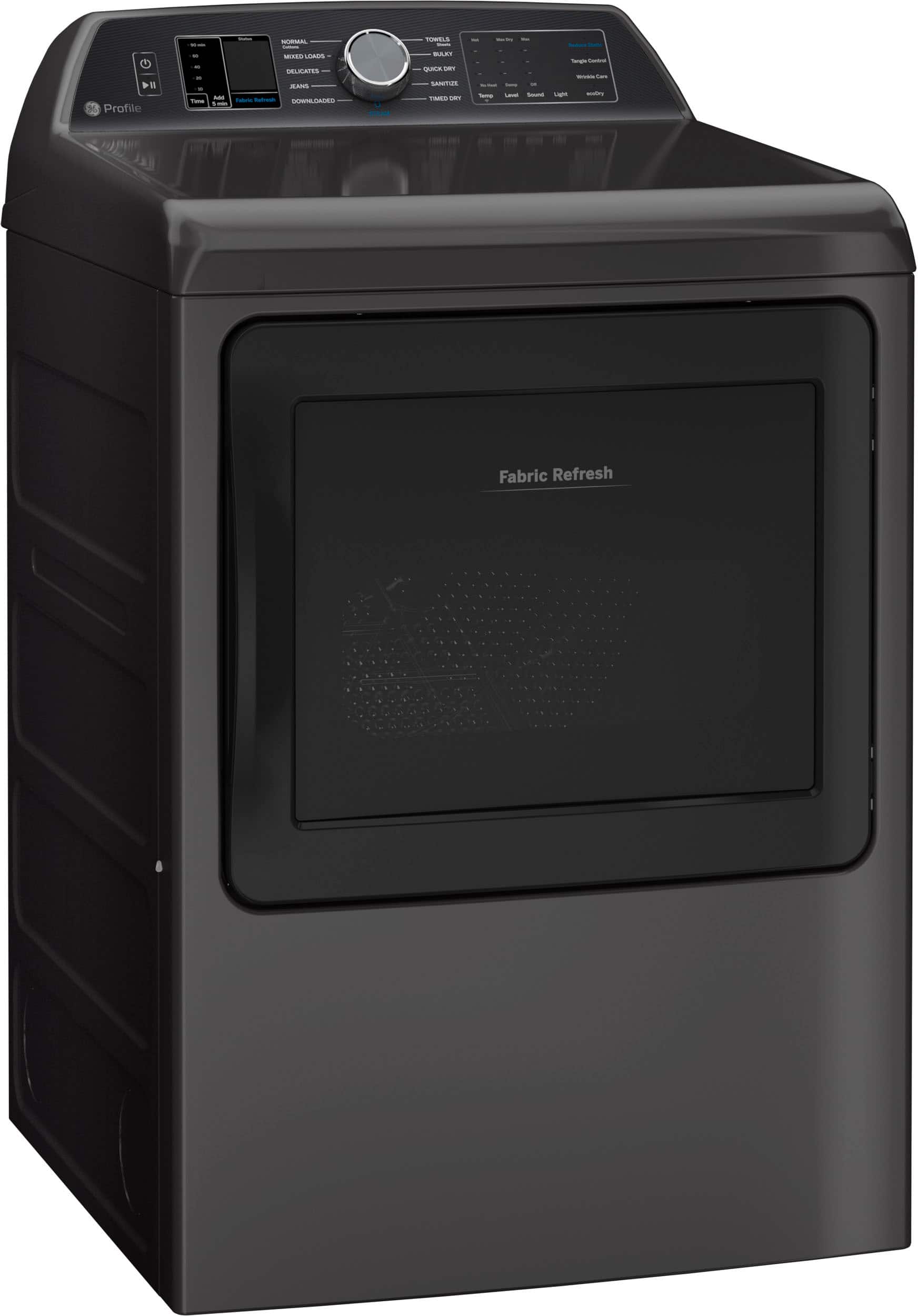 Left. GE Profile - 7.3 cu. ft. Smart Electric Dryer with Fabric Refresh, Steam, and Washer Link - Gray.