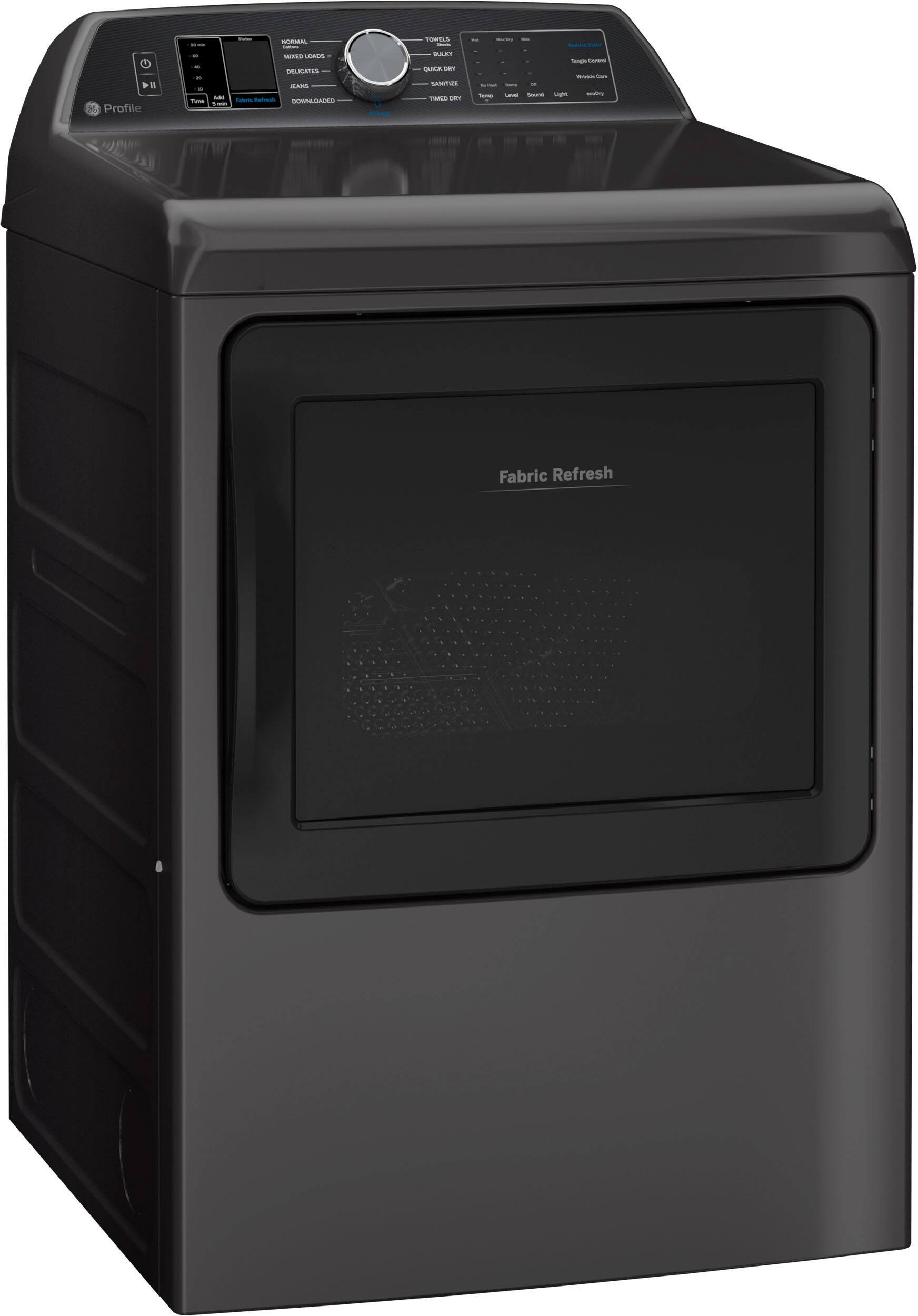 Left. GE Profile - 7.3 cu. ft. Smart Gas Dryer with Fabric Refresh, Steam, and Washer Link - Diamond Gray.