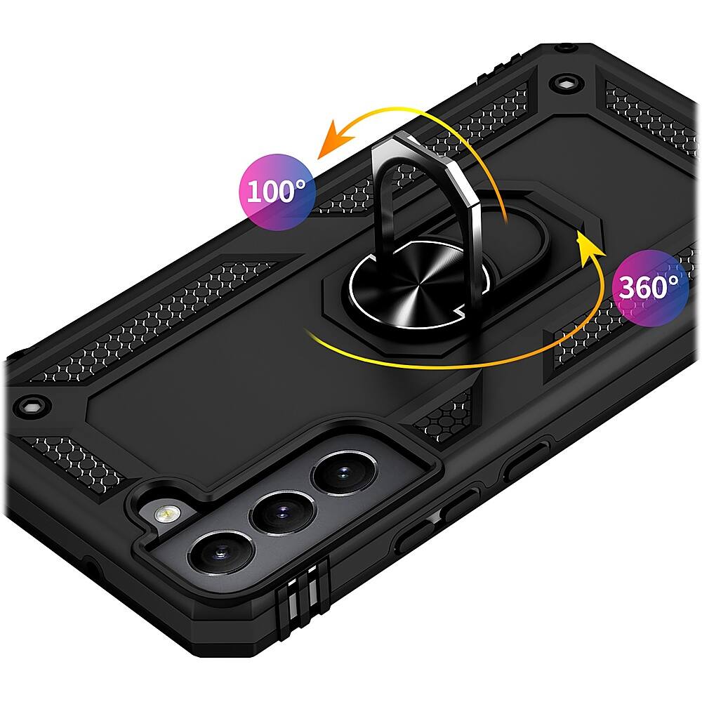 The image shows a black cell phone case with a camera lens on the back. The case has a strap attached to it, which is designed to secure the phone to a wrist or other objects. The case is made of hard plastic and has a hole for the camera lens. The image also features a diagram with a circle and an arrow pointing to the camera lens, indicating its position on the case.