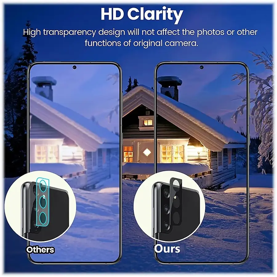 The image features a snowy house with a clear night sky in the background. The house is surrounded by snow, and the scene is captured in high-definition clarity. The image is advertising a product that promises to provide high-transparency design without affecting the photos or other functions of the original camera. The advertisement also claims that their product is superior to others, as it is "ours."