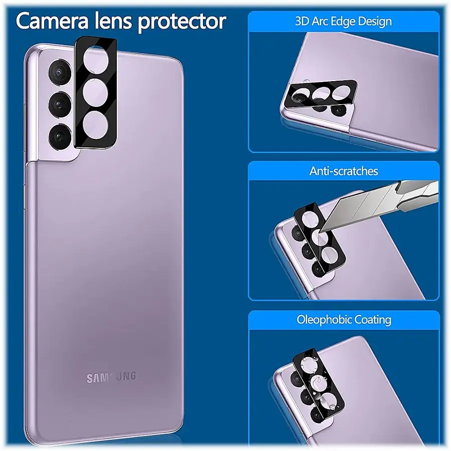 The image features a purple cell phone with a camera lens protector attached to it. The protector is designed with a 3D Arc Edge, providing a unique and stylish appearance. The protector also offers anti-scratches and an oleophobic coating, which helps to keep the lens clean and free from fingerprints. The image showcases the protector in various positions, highlighting its functionality and design.