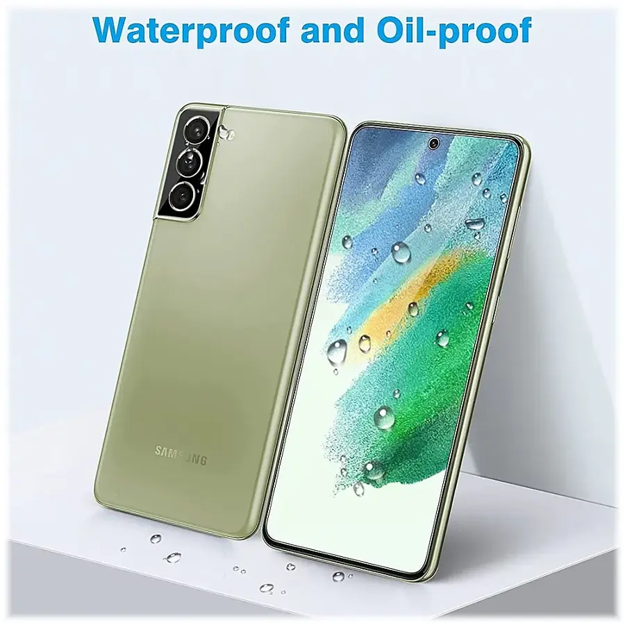 The image showcases a Samsung phone that is waterproof and oil-proof. The phone is displayed in a white background, and the waterproof and oil-proof features are emphasized. The phone is placed on a table, and the water droplets on the screen are visible, highlighting its resistance to water and oil.